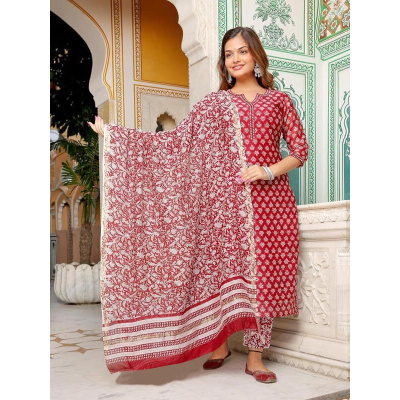 Pinkmint Women Cotton Blend Straight Printed Kurta with Pant & Dupatta Red