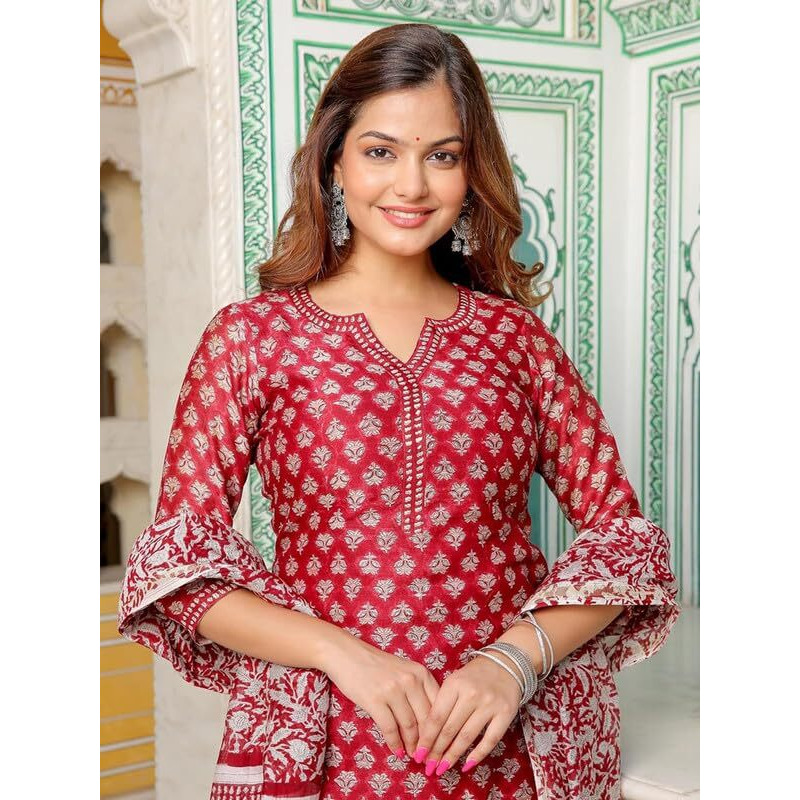 Pinkmint Women Cotton Blend Straight Printed Kurta with Pant & Dupatta Red