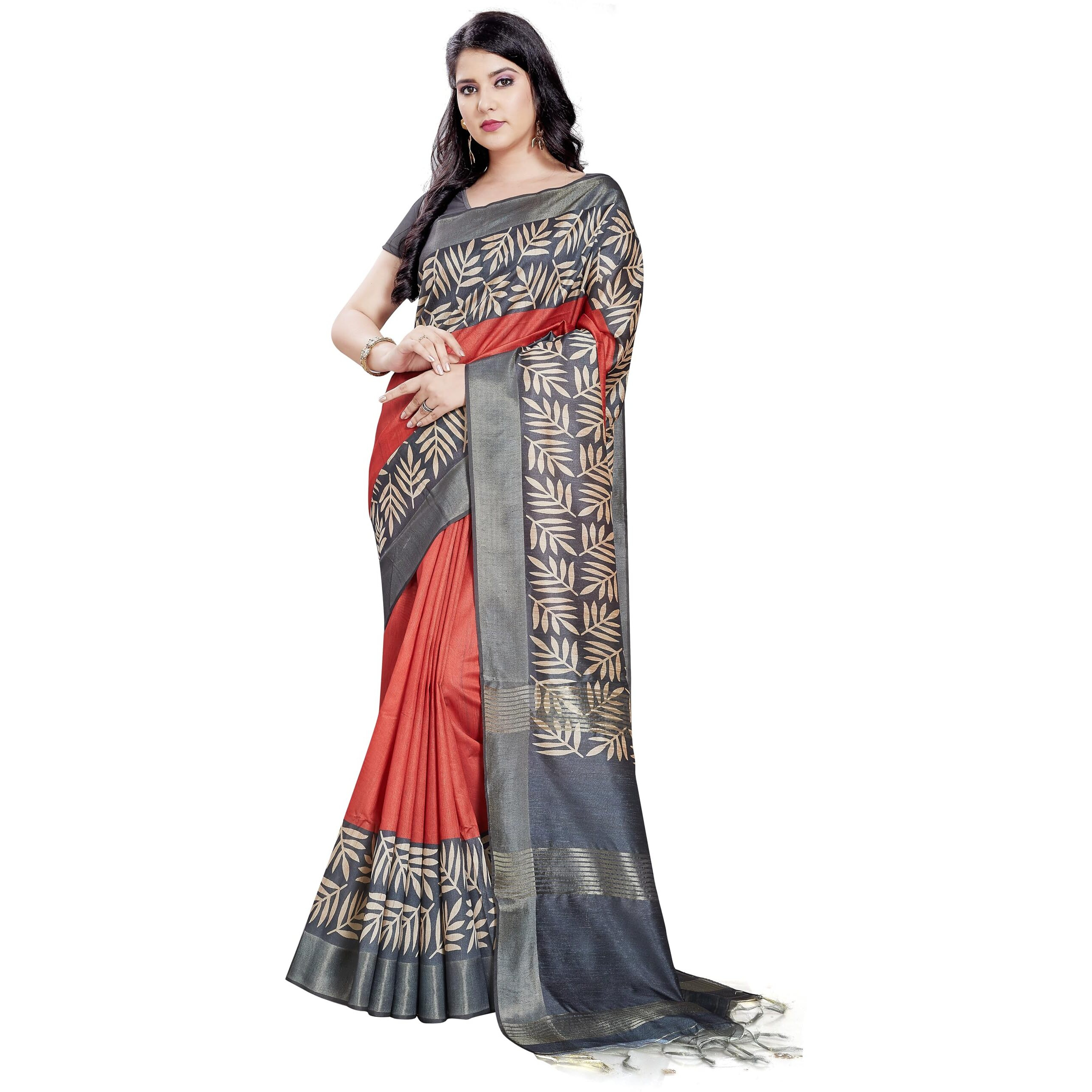 RANI SAAHIBA Women's Printed Art Tussar Silk Zari Border Saree With Blouse Piece(SKR11843_Red-Black)