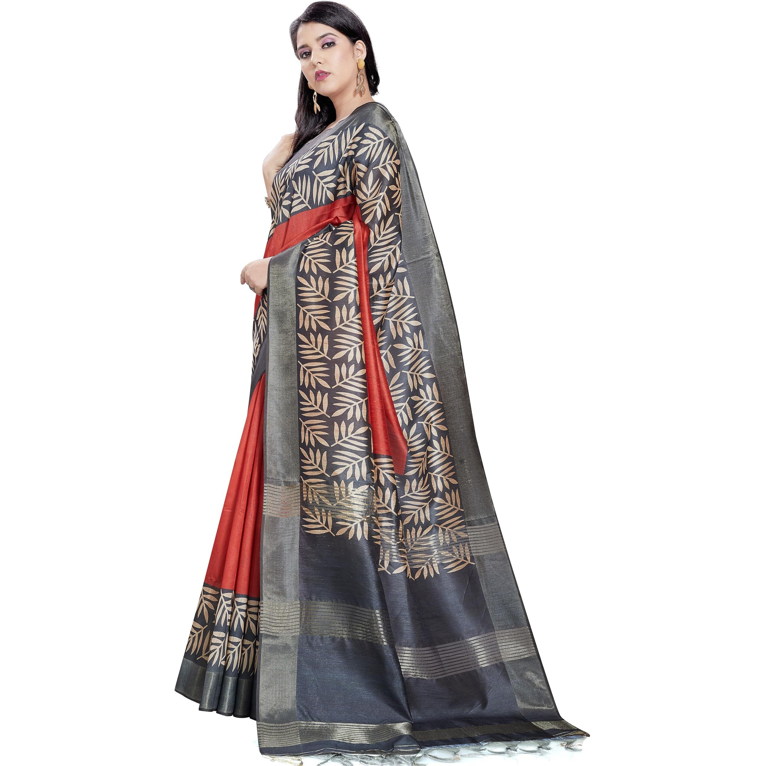 RANI SAAHIBA Women's Printed Art Tussar Silk Zari Border Saree With Blouse Piece(SKR11843_Red-Black)