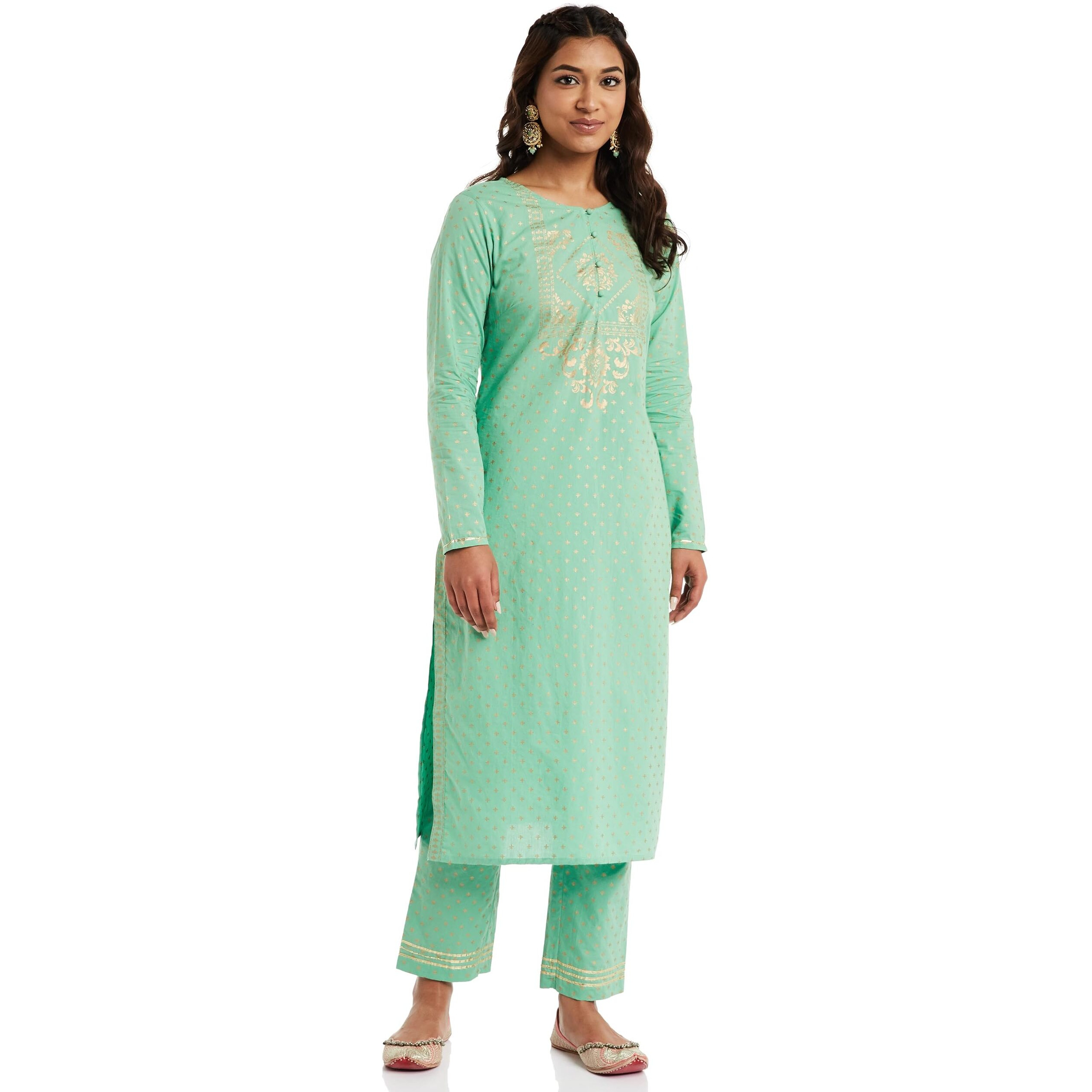Amazon Brand - Myx Women's Cotton Salwar Suit (MYX-AW23-SKD-03_Leaf Green_L)