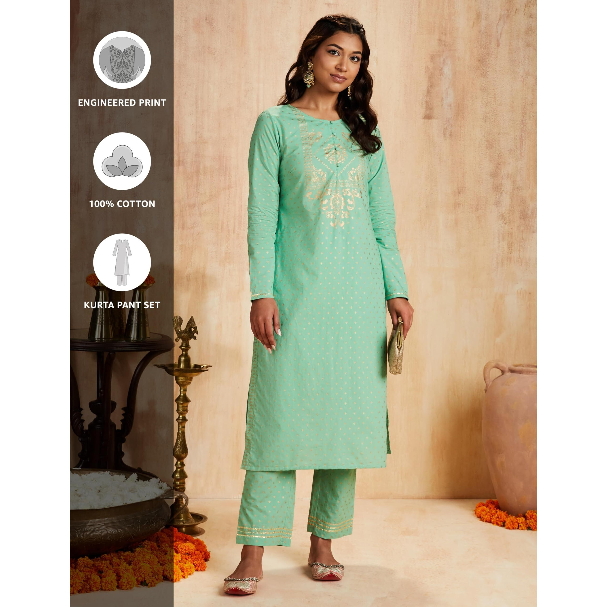 Amazon Brand - Myx Women's Cotton Salwar Suit (MYX-AW23-SKD-03_Leaf Green_L)