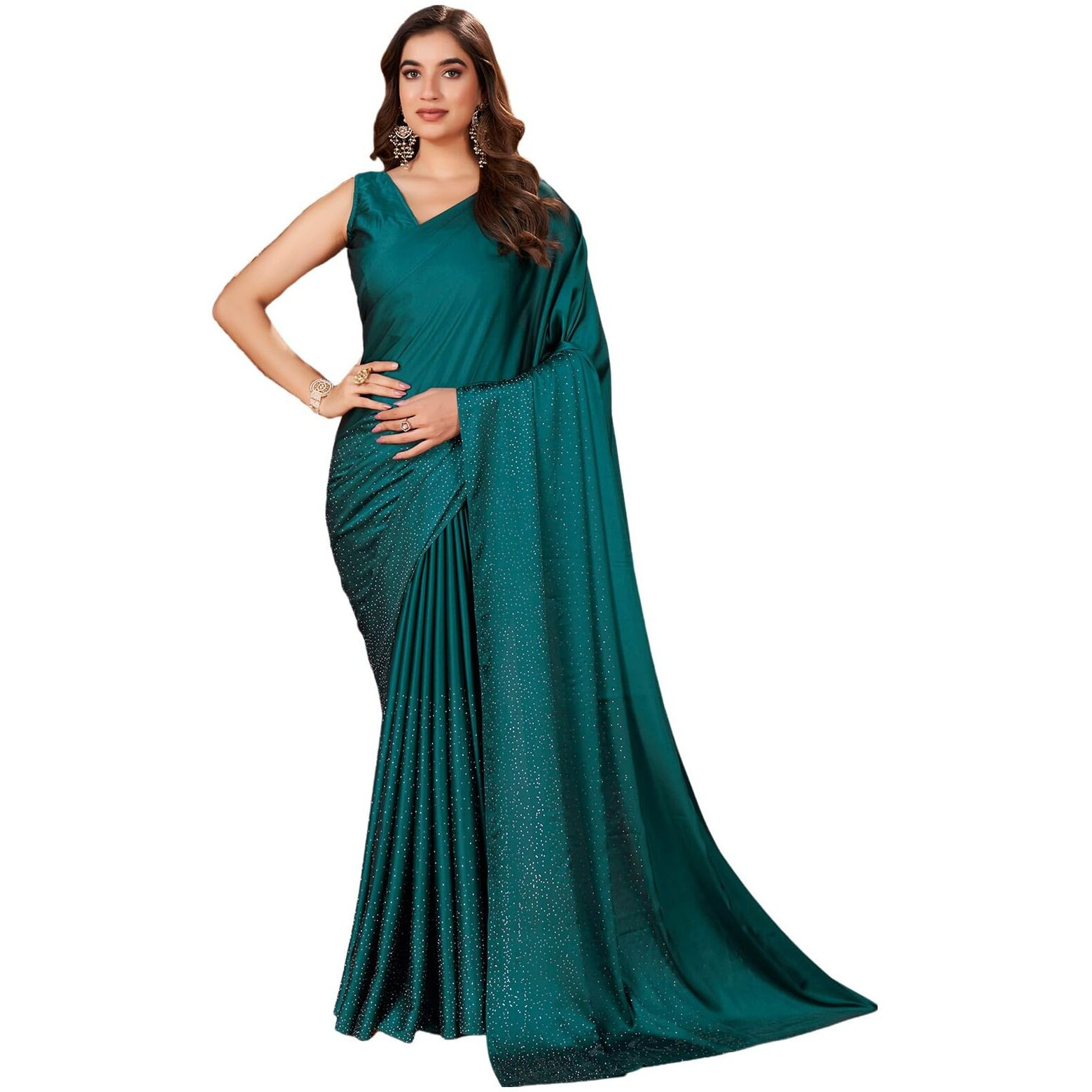 Satrani Women's Satin Stone Work Hot Fixing Saree with Unstitched Blouse Piece (3111S416N_Rama4)