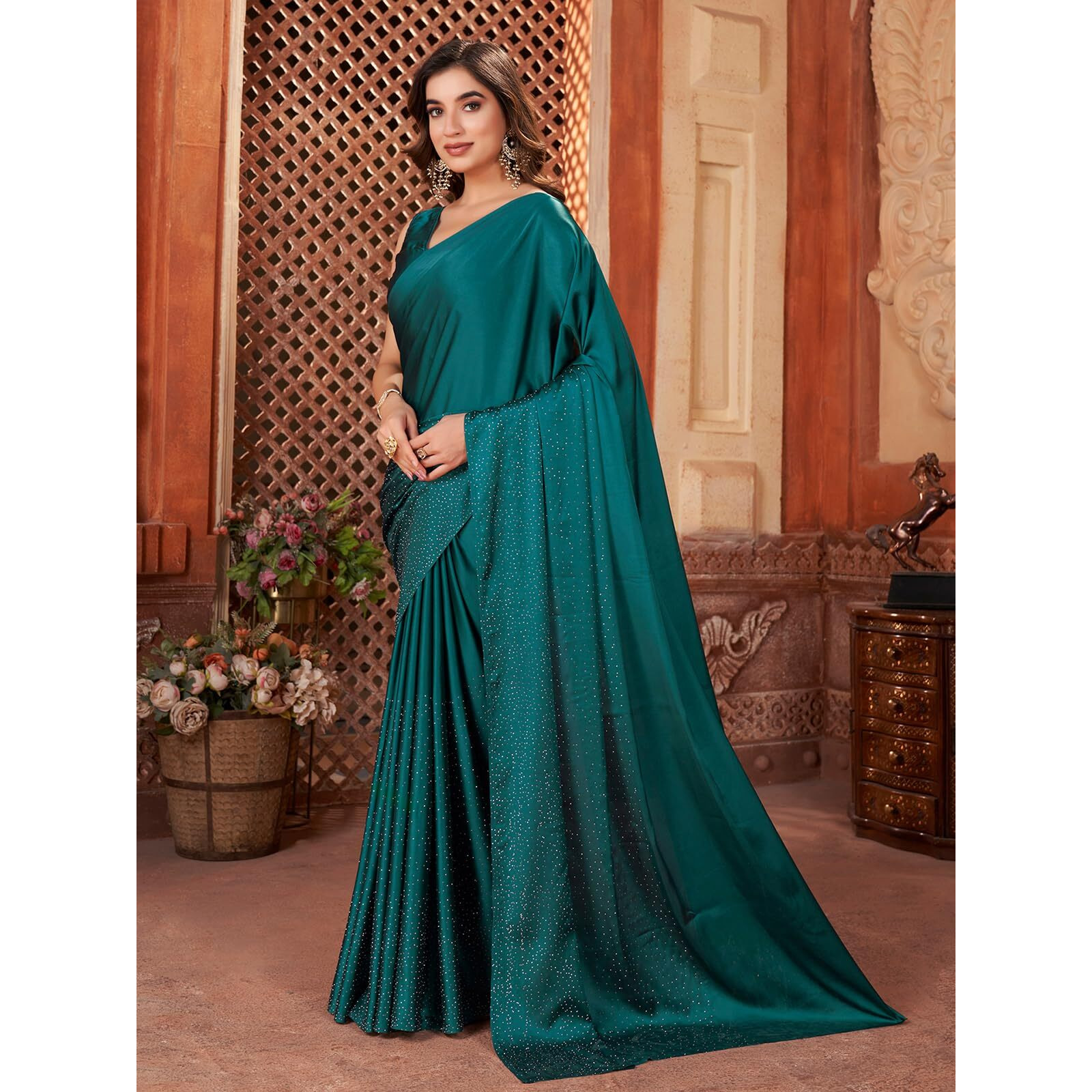 Satrani Women's Satin Stone Work Hot Fixing Saree with Unstitched Blouse Piece (3111S416N_Rama4)