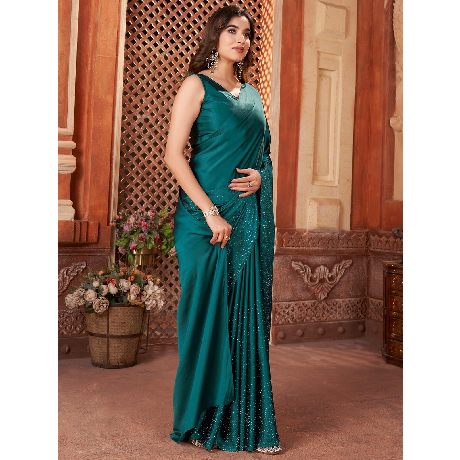 Satrani Women's Satin Stone Work Hot Fixing Saree with Unstitched Blouse Piece (3111S416N_Rama4)