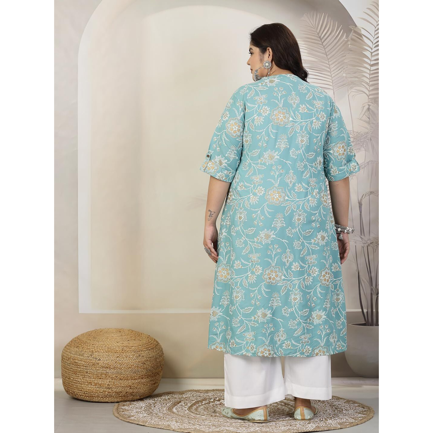 Stylum Plus Size Women Floral Print Rayon A-Line Kurta (FIONAAQUAPLUS52_Aqua, 6XL)