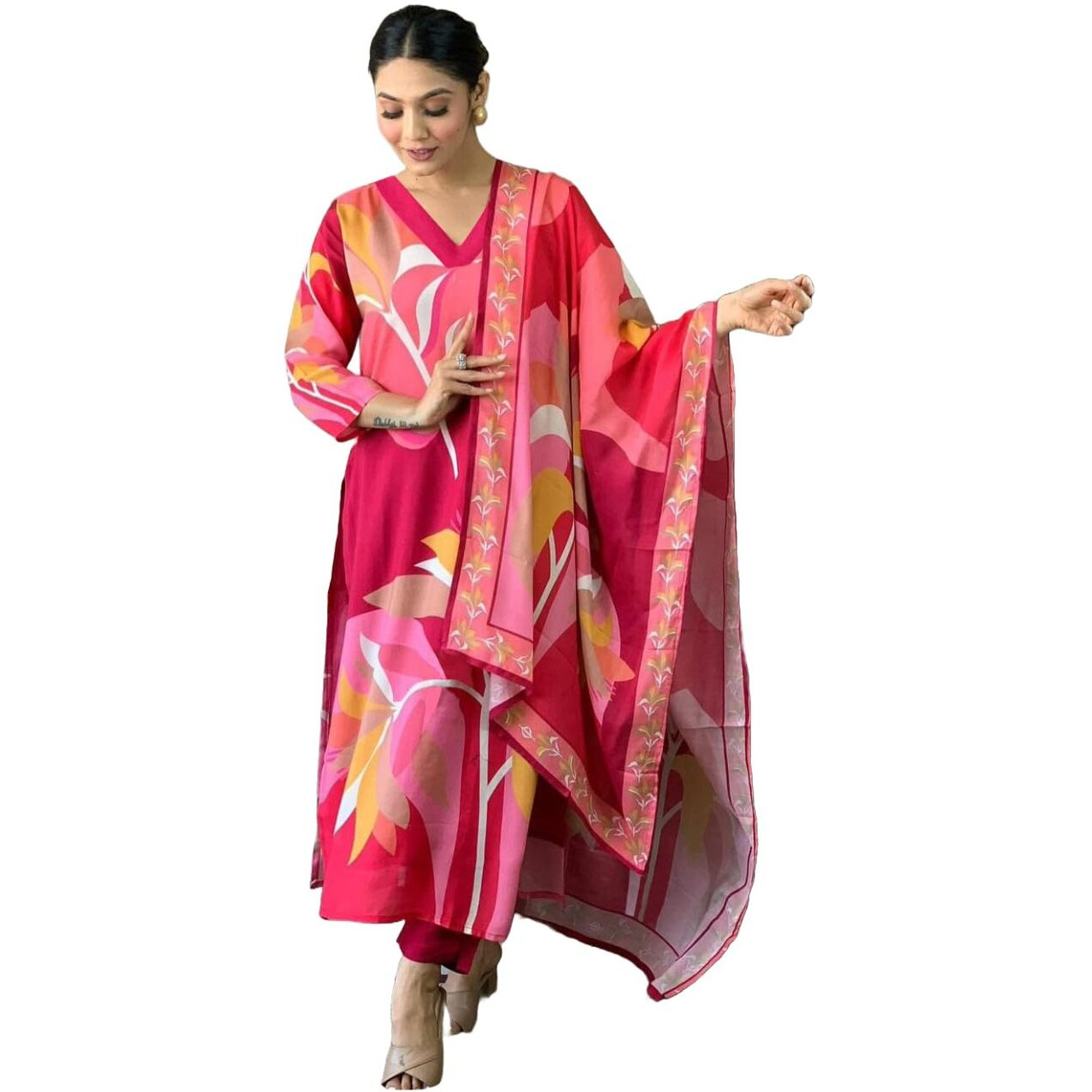ANNI DESIGNER Women's Cotton Blend Printed Straight Kurta with Pant & Dupatta (Tumari Pink_L_Pink_Large)