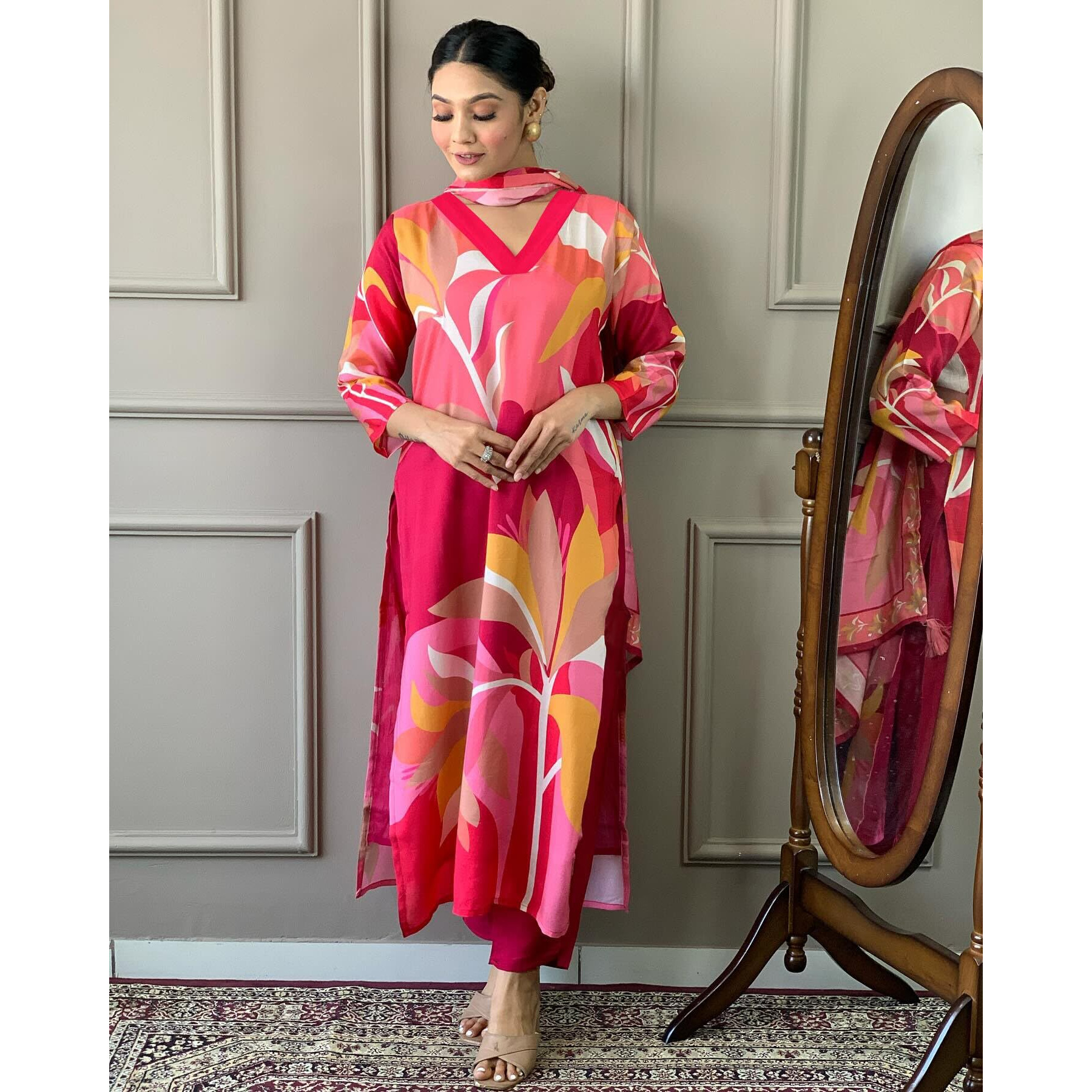 ANNI DESIGNER Women's Cotton Blend Printed Straight Kurta with Pant & Dupatta (Tumari Pink_L_Pink_Large)