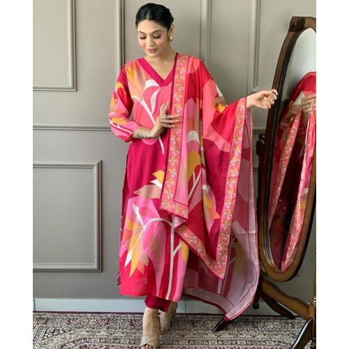 ANNI DESIGNER Women's Cotton Blend Printed Straight Kurta with Pant & Dupatta (Tumari Pink_L_Pink_Large)
