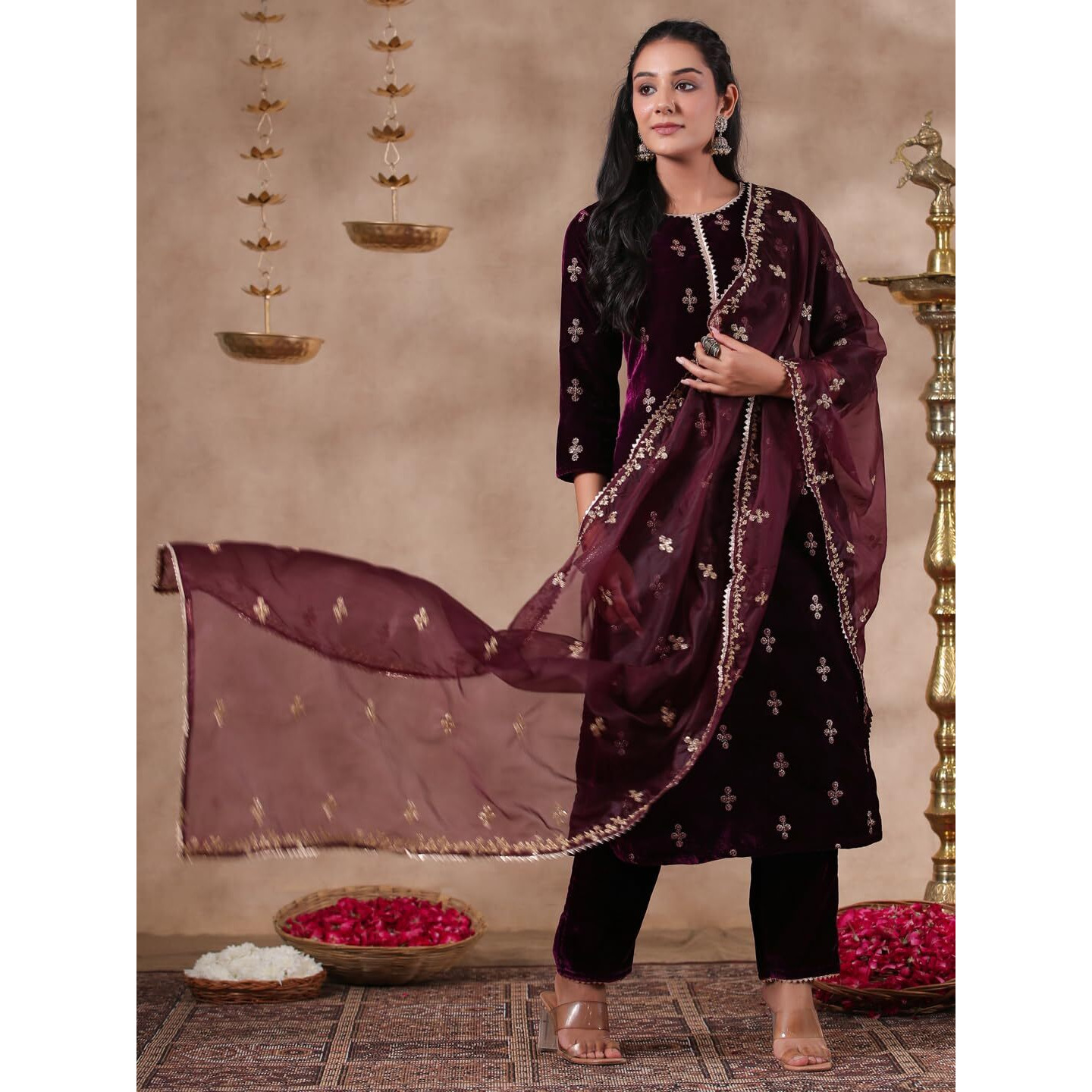 ishin Women's Velvet Self Design Purple Straight Kurta Suit Set with Trousers and Dupatta