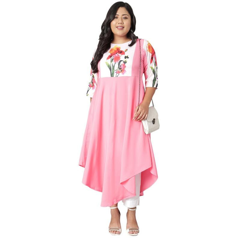 Janasya Women's Plus Size Pink Crepe Floral Print Flared Kurta (PJNE2199-KR-L-4XL)
