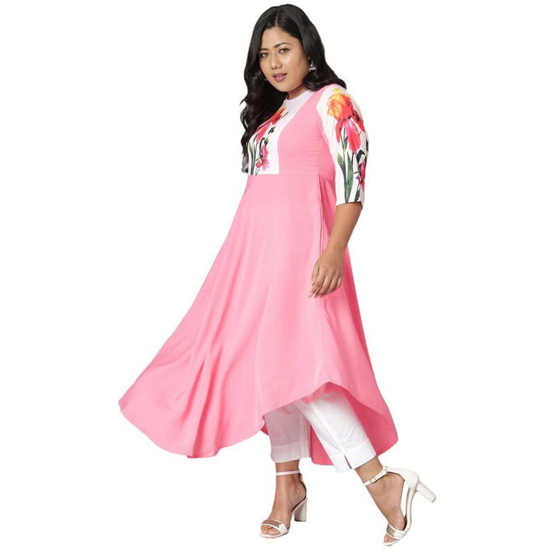 Janasya Women's Plus Size Pink Crepe Floral Print Flared Kurta (PJNE2199-KR-L-4XL)