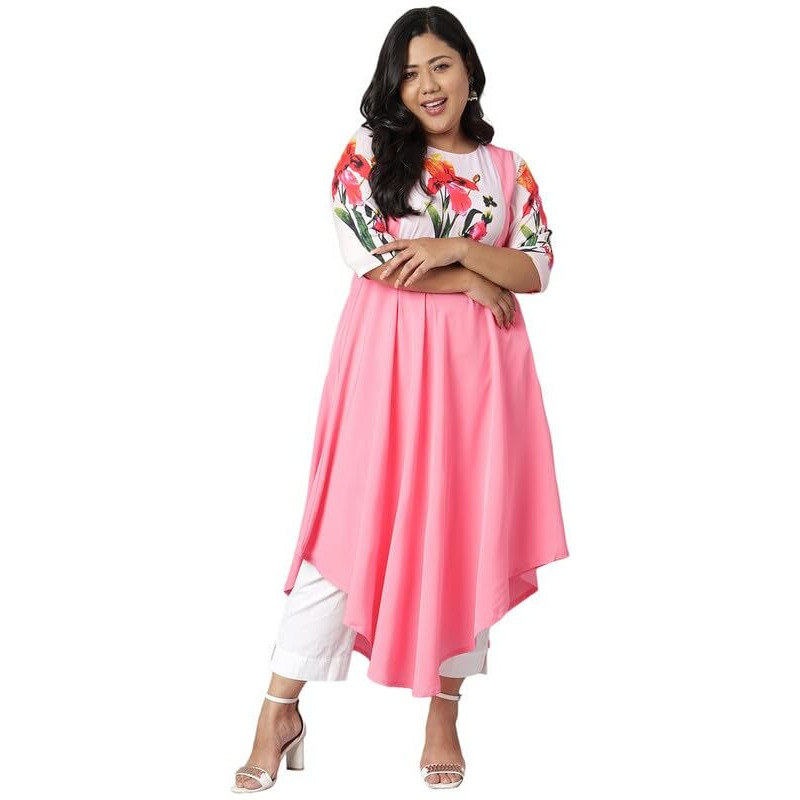 Janasya Women's Plus Size Pink Crepe Floral Print Flared Kurta (PJNE2199-KR-L-4XL)