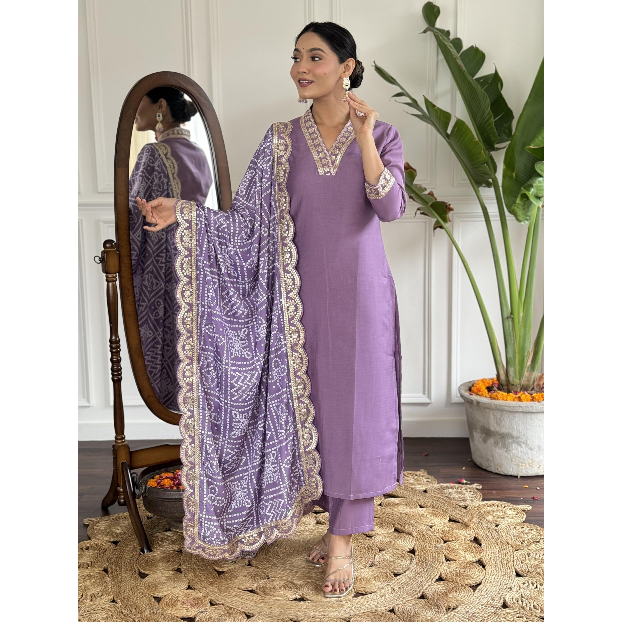 Naixa Women's Levender Viscose Silk Embroidered Straight Kurta with Viscose Silk Pant and Chinon Printed Dupatta Sets (NX-586-Lavender-S)