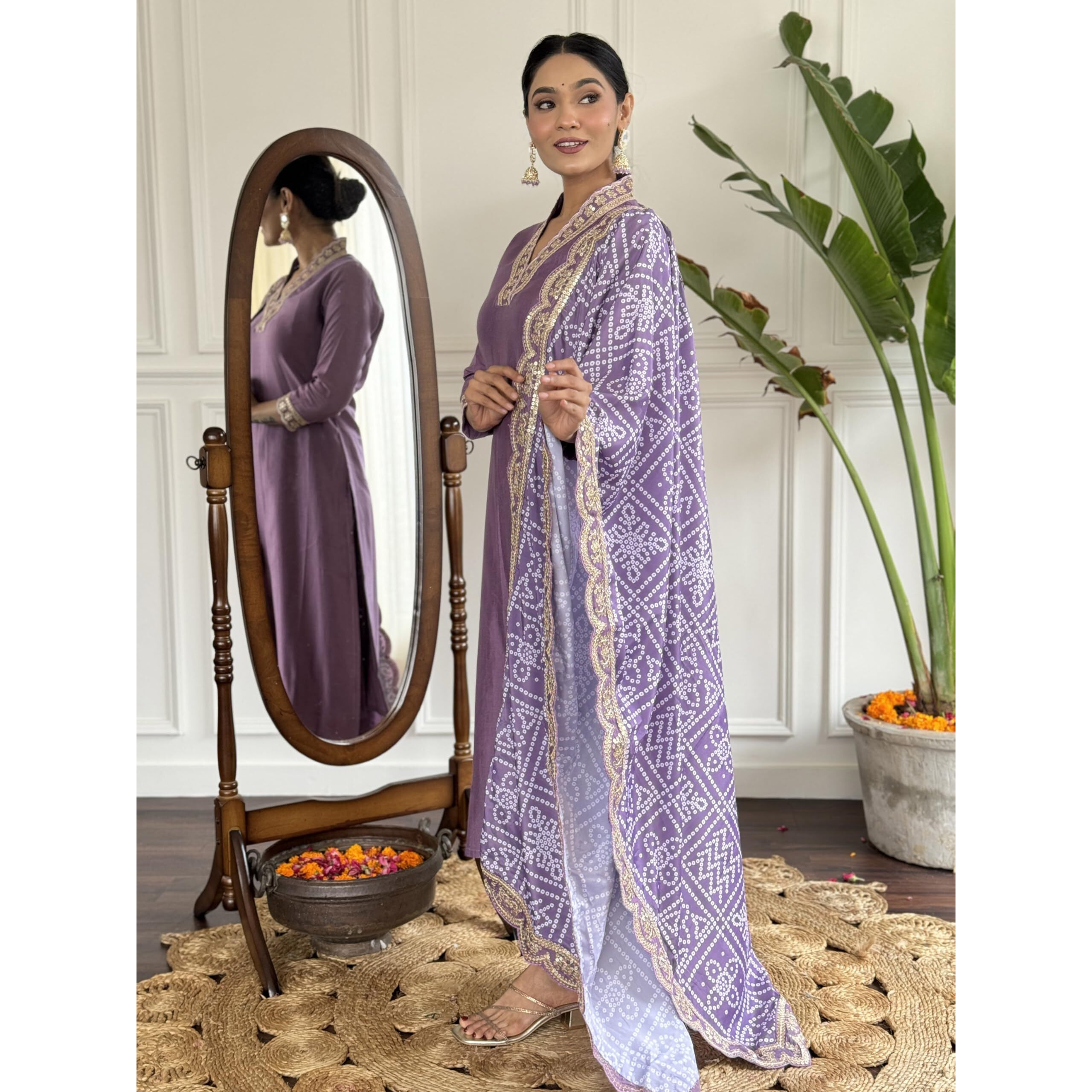 Naixa Women's Levender Viscose Silk Embroidered Straight Kurta with Viscose Silk Pant and Chinon Printed Dupatta Sets (NX-586-Lavender-S)