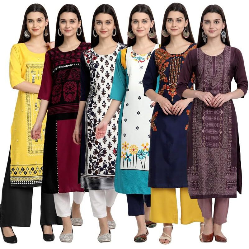 Pinkmint Elegant Printed Crepe Kurti's for Women's ll Fashionable Kurti ll Stright Round Neck Kurti (Pack of 6)