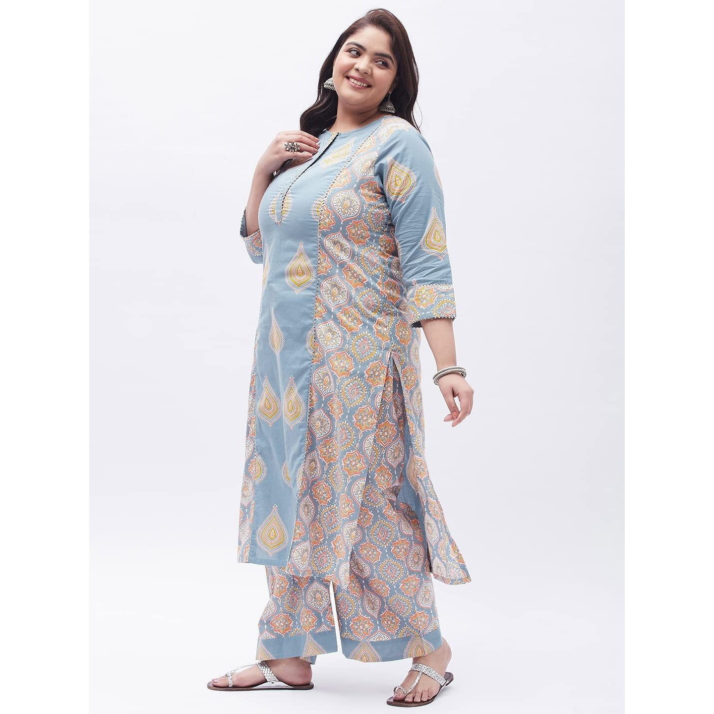 Tissu Women's Plus Size Grey & Yellow Printed Kurta with Palazzo (T-Plus-614_Grey_4XL)