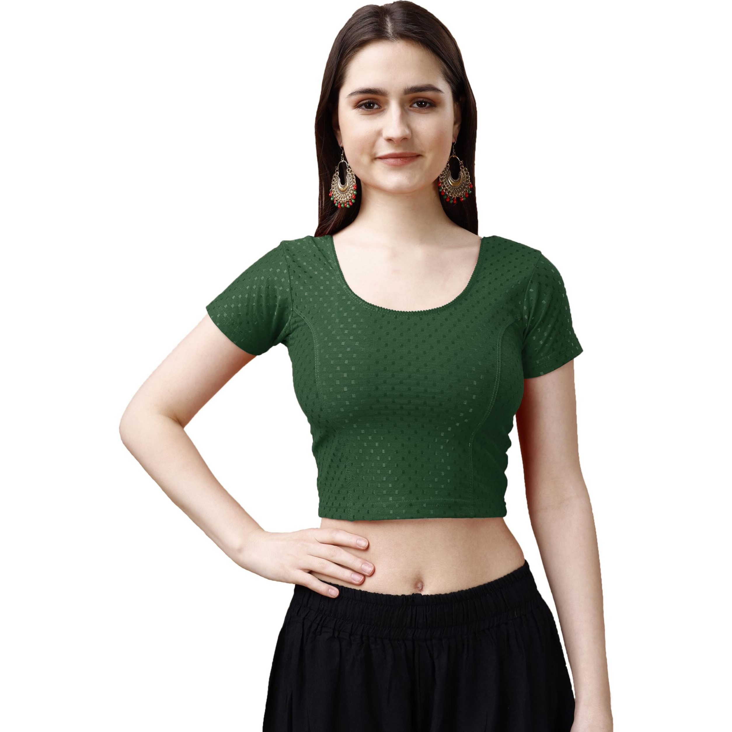 Pujia Mills Women's Readymade Dobby Cotton Lycra Stretchable Round Neck Short Sleeve Blouse Fancy Green Color Lycra Stretchable Blouse for Women Stylish Readymade Saree Blouse