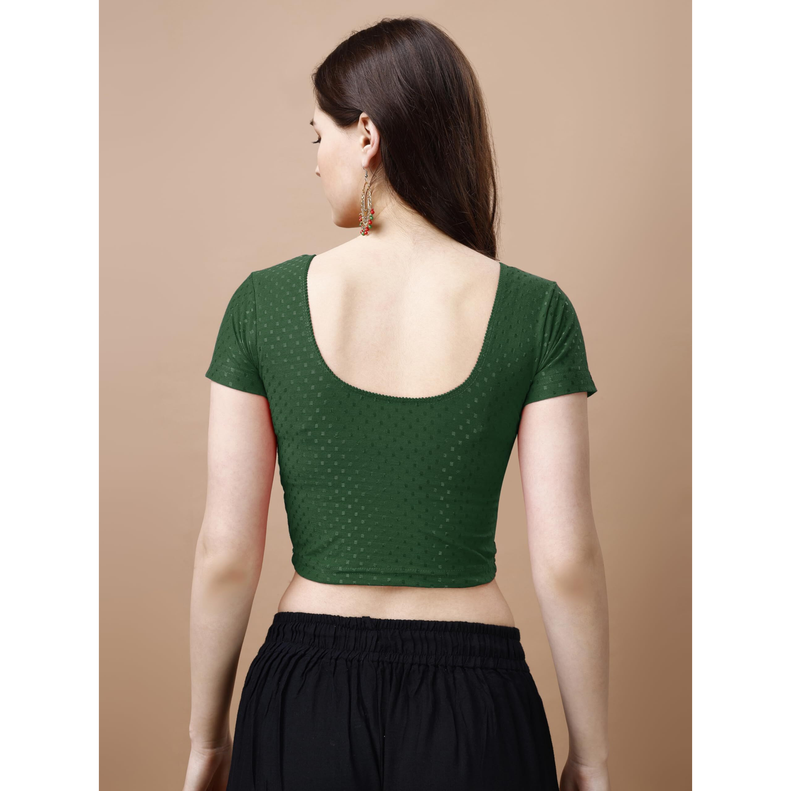 Pujia Mills Women's Readymade Dobby Cotton Lycra Stretchable Round Neck Short Sleeve Blouse Fancy Green Color Lycra Stretchable Blouse for Women Stylish Readymade Saree Blouse