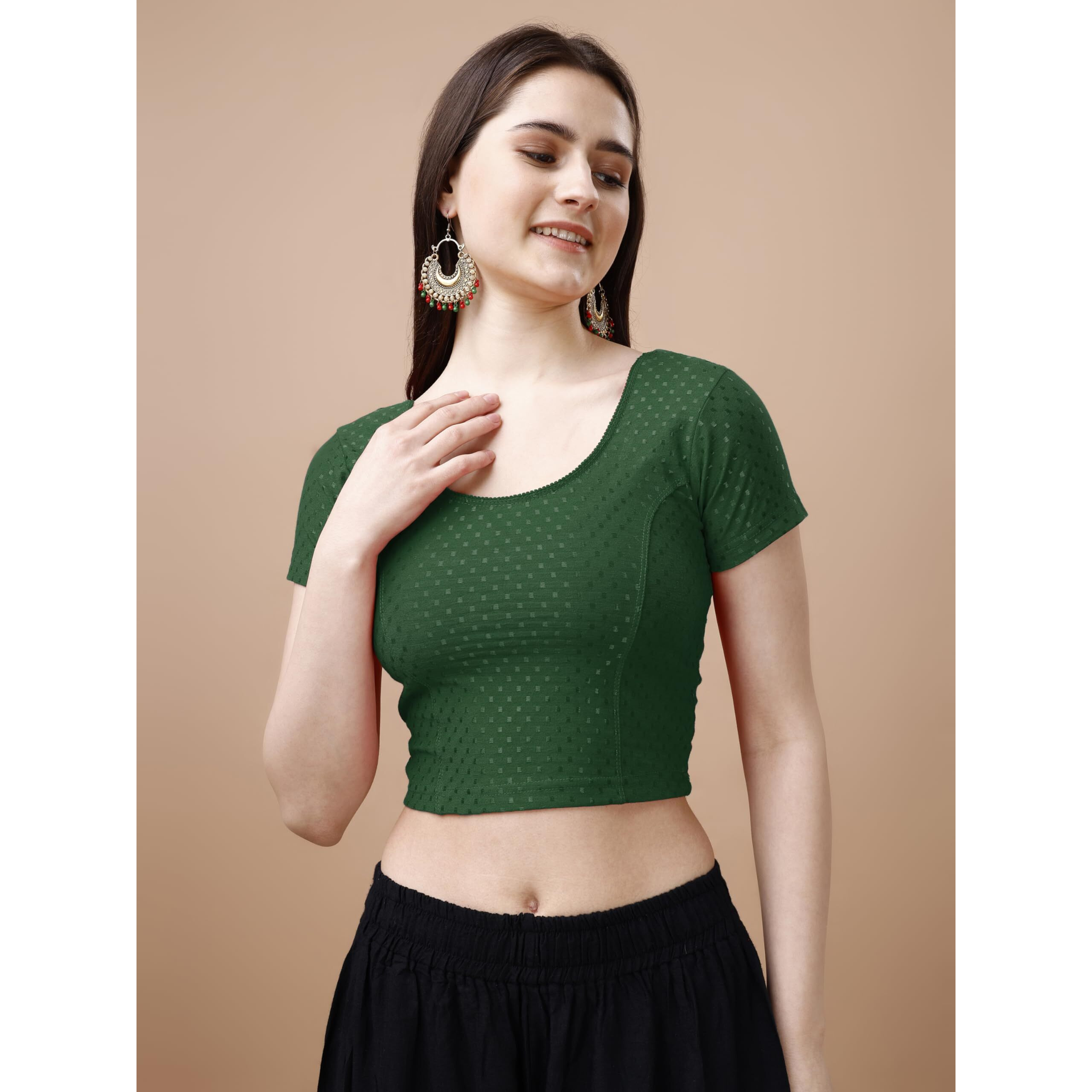 Pujia Mills Women's Readymade Dobby Cotton Lycra Stretchable Round Neck Short Sleeve Blouse Fancy Green Color Lycra Stretchable Blouse for Women Stylish Readymade Saree Blouse