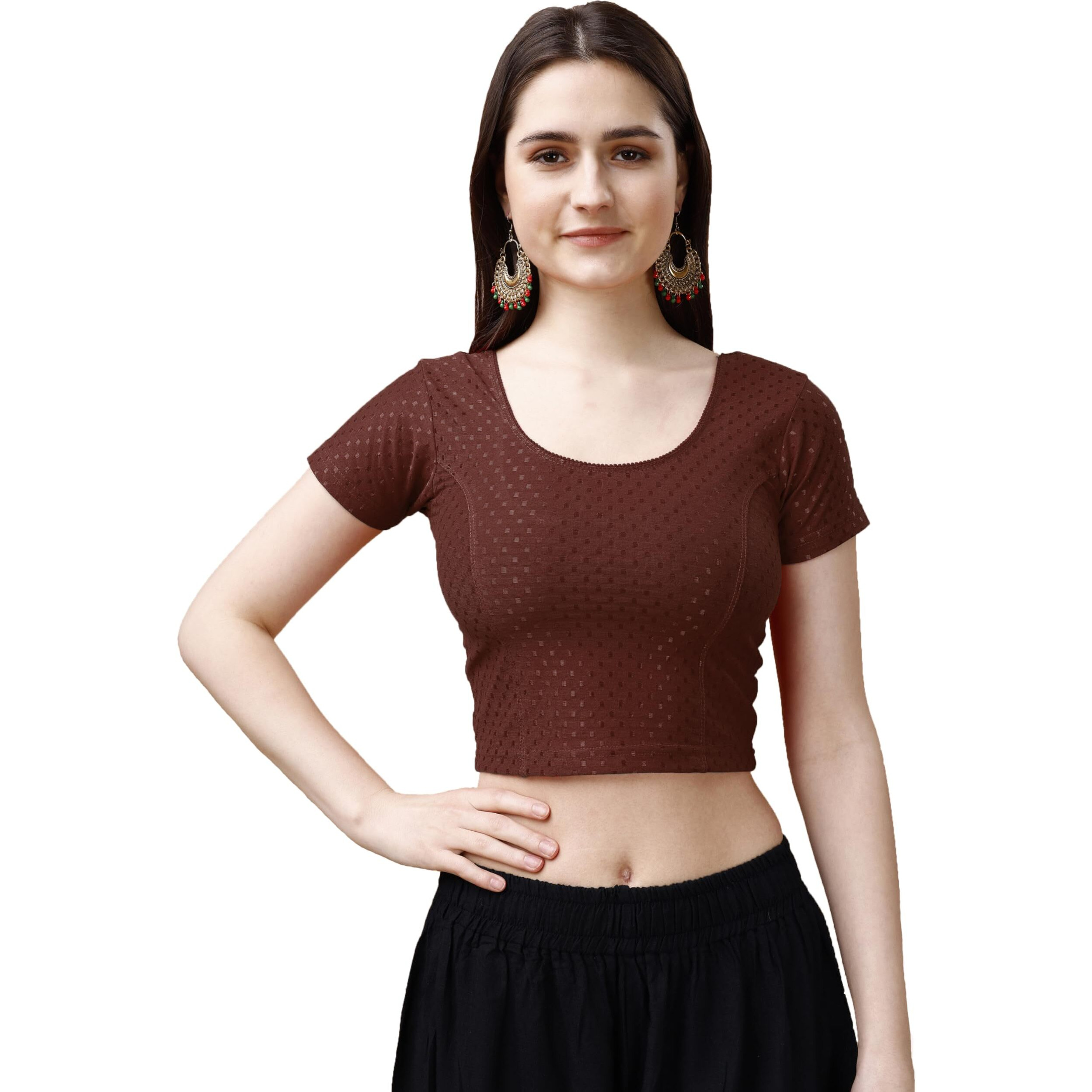 Pujia Mills Women's Readymade Dobby Cotton Lycra Stretchable Round Neck Short Sleeve Blouse Fancy Brown Color Lycra Stretchable Blouse for Women Stylish Readymade Saree Blouse