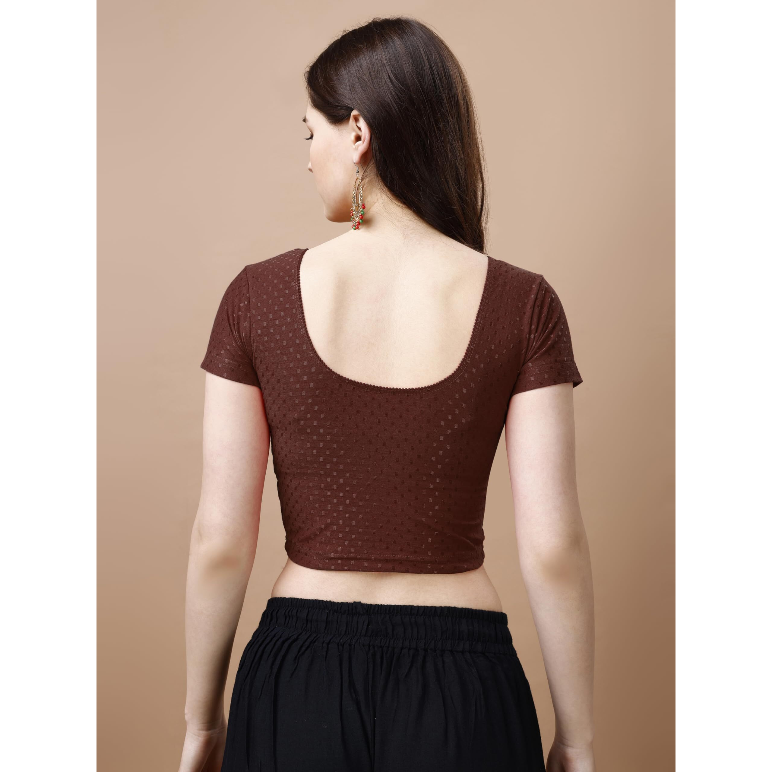 Pujia Mills Women's Readymade Dobby Cotton Lycra Stretchable Round Neck Short Sleeve Blouse Fancy Brown Color Lycra Stretchable Blouse for Women Stylish Readymade Saree Blouse