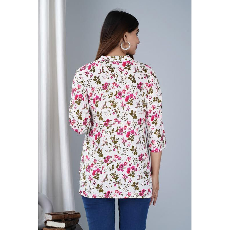 Jikonet Women's Printed Rayon Straight Short Kurti - 527, (X-Small, Pink Flower)