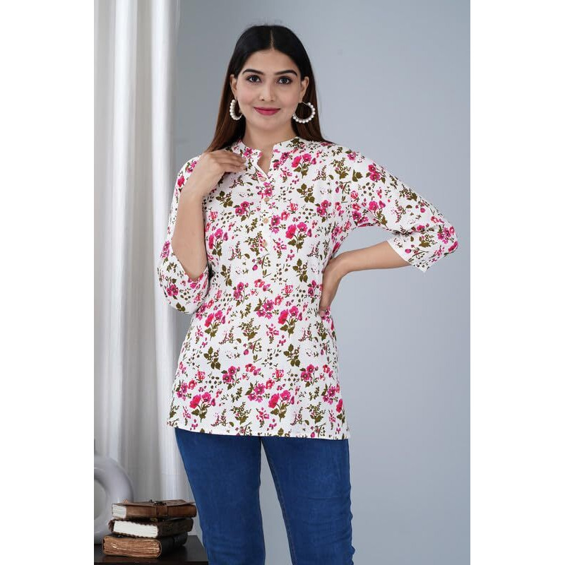Jikonet Women's Printed Rayon Straight Short Kurti - 527, (X-Small, Pink Flower)