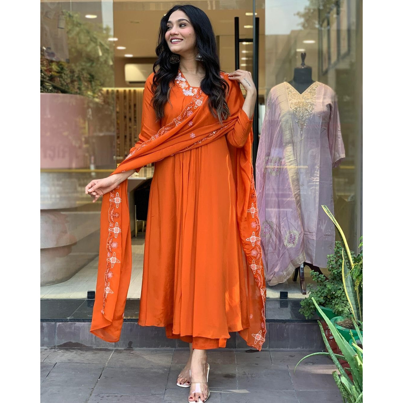 ANNI DESIGNER Women's Rayon Blend Anarkali Thread Work Kurta with Pant & Dupatta (ASHVTHAMA Orange_XXL_Orange_XX-Large)