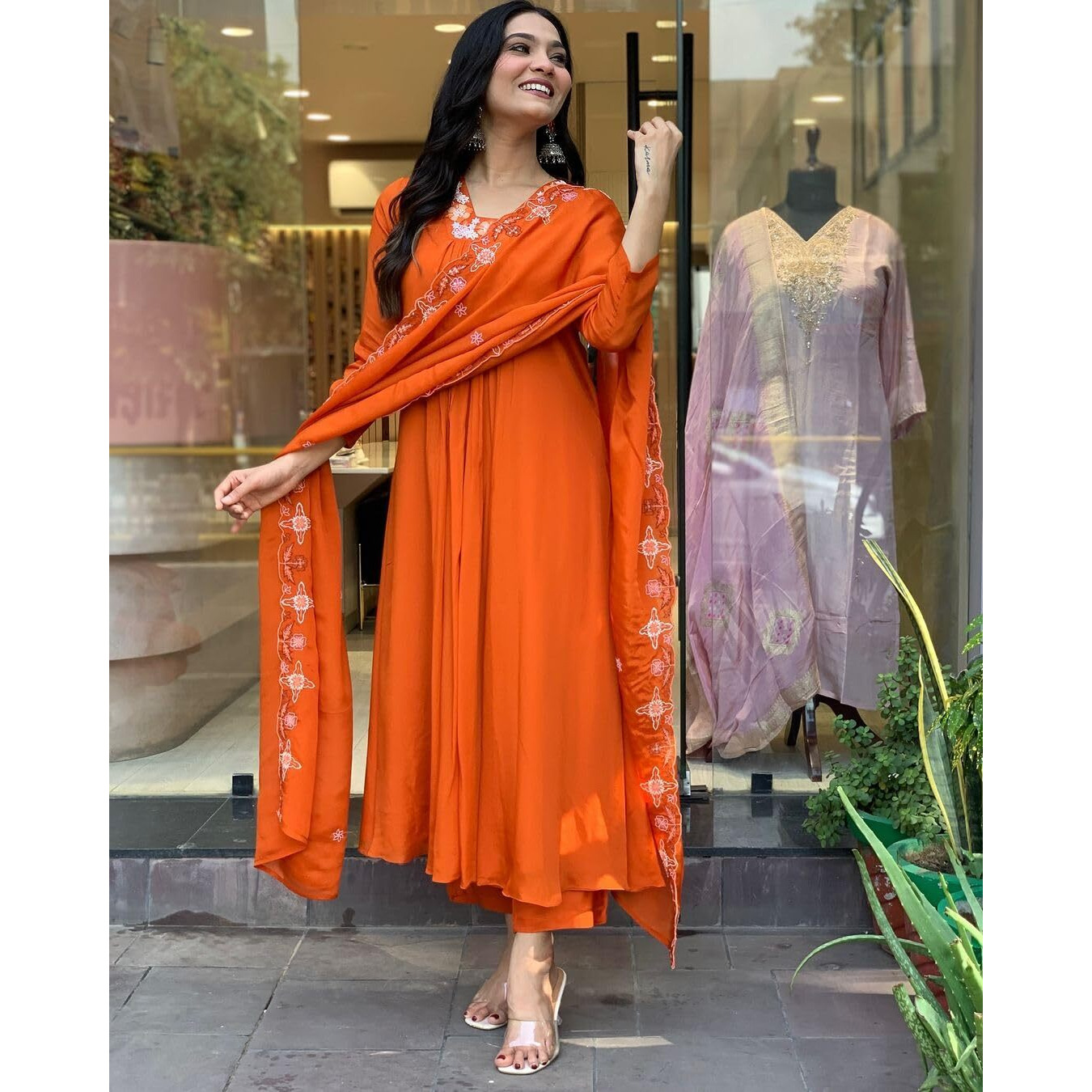 ANNI DESIGNER Women's Rayon Blend Anarkali Thread Work Kurta with Pant & Dupatta (ASHVTHAMA Orange_XXL_Orange_XX-Large)