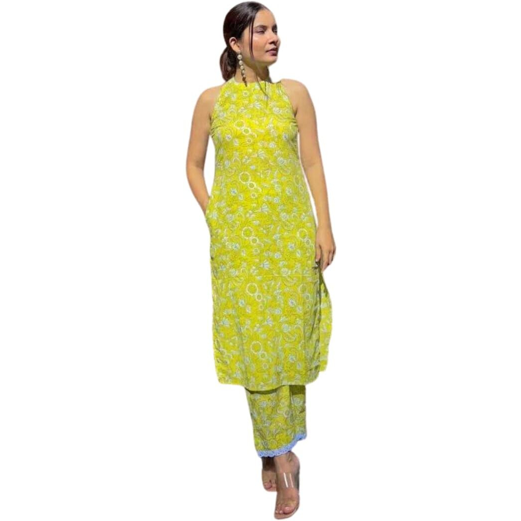 Leriya Fashion Kurta Set for Women | Women Kurta | Women Kurta Sets Kurtis | Women Kurta Pant Set | Women Kurta Pant Set Women Kurti Set with Pant | Women Kurta Set (Small, Yellow)