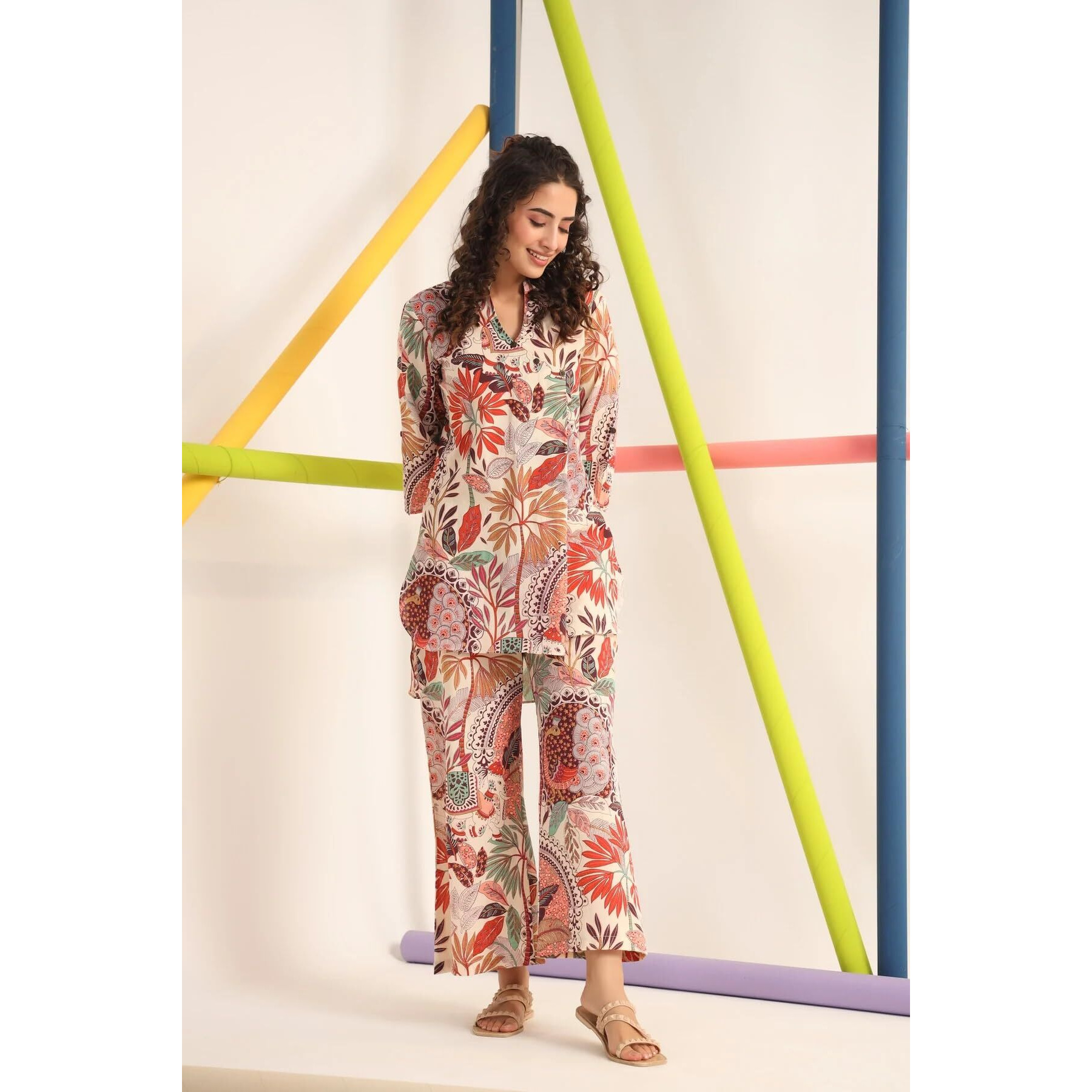 Nermosa Women Co-ords Set for Women | Kurta Sets | Kurta Pant Set | Coordinate Set | Summer Suit | Printed Kurti with Pant Set | Kurta Set for Women | Kurta Pant Set for Women (X-Large, Peach)