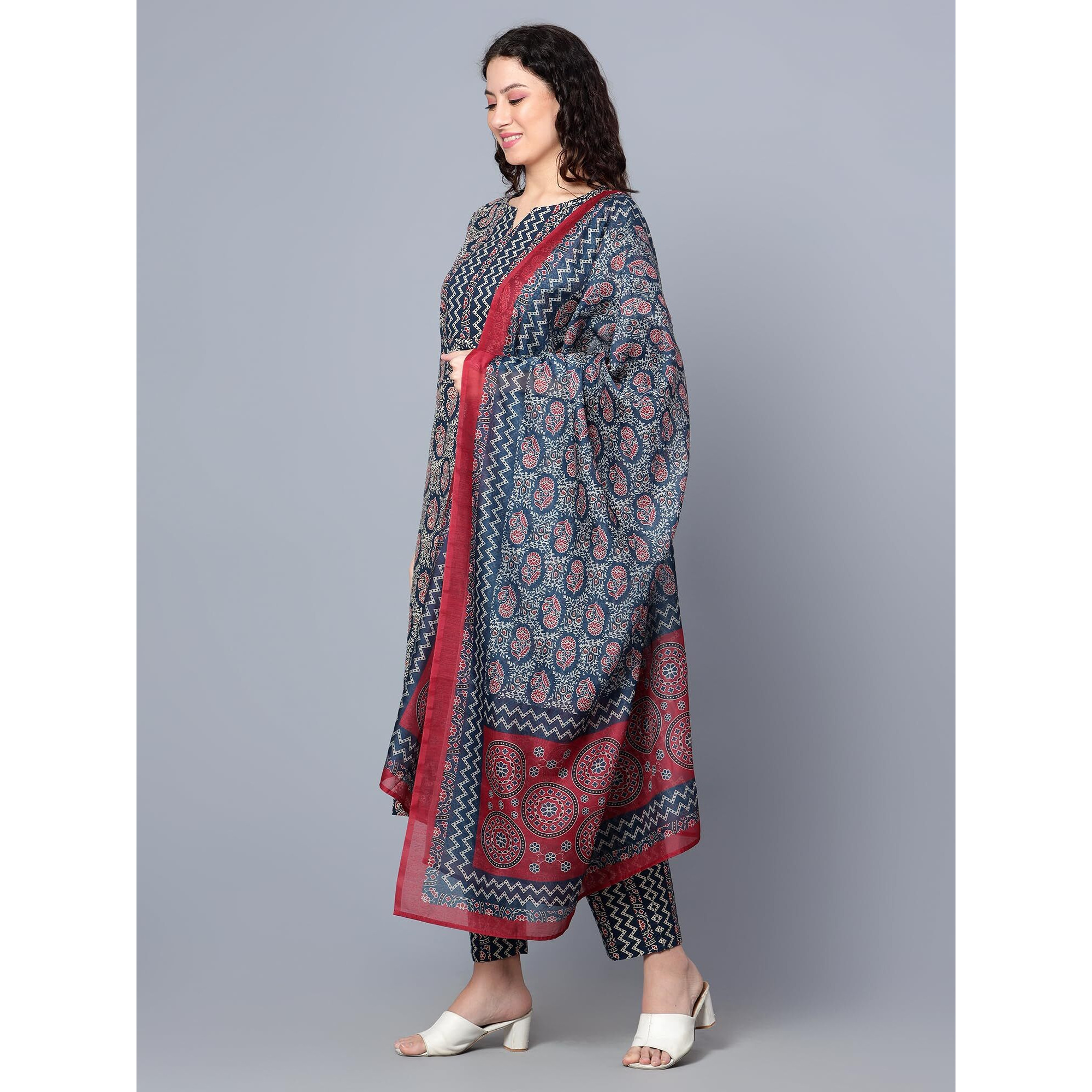 idaLia Womens Ethnic Wear Pink Printed Straight Cotton Kurta Set with Dupatta for Women (Indigo Blue, X-Small)