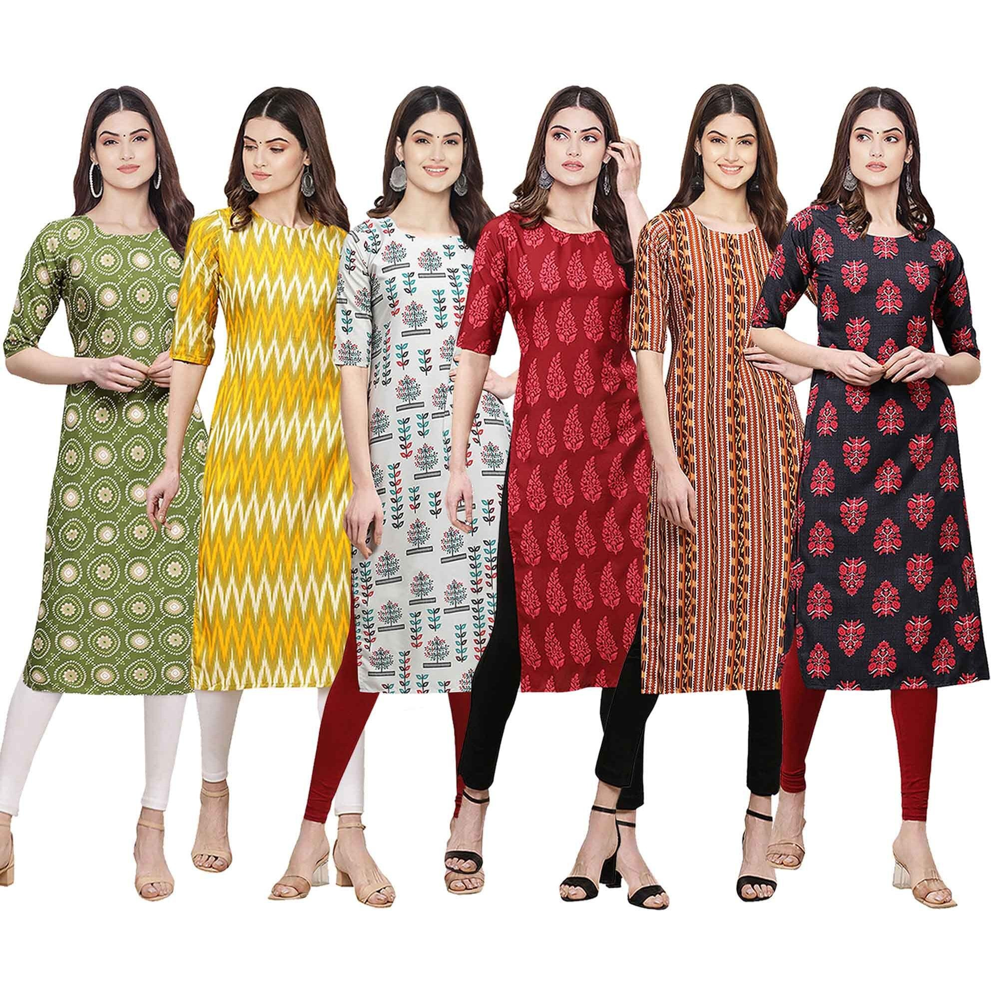 Pinkmint Women's Crepe Digital Print Straight Kurta [Pack of 6] (CKE-338-329-340-337-344-345-XL)