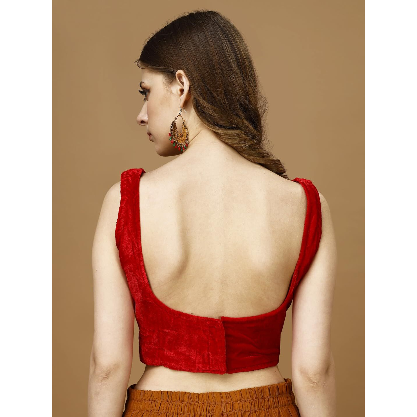 Pujia Mills Women's Velvet Sleeveless Blouse for Women Sleeveless Velvet Blouse Readymade Sleeveless Saree Blouse Choli for Women Velvet Sleeveless Blouse Readymade (Velvet 502 Red 42)