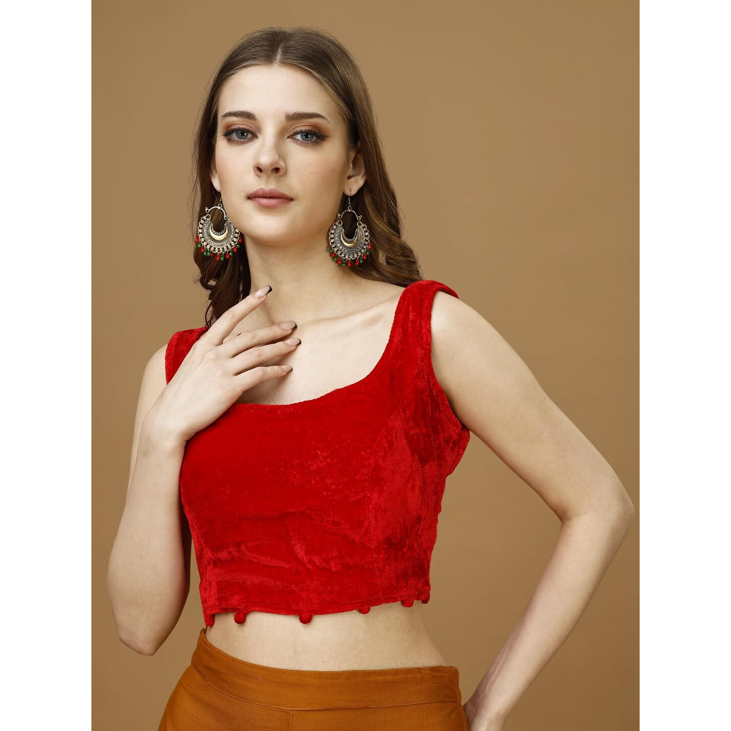 Pujia Mills Women's Velvet Sleeveless Blouse for Women Sleeveless Velvet Blouse Readymade Sleeveless Saree Blouse Choli for Women Velvet Sleeveless Blouse Readymade (Velvet 502 Red 42)