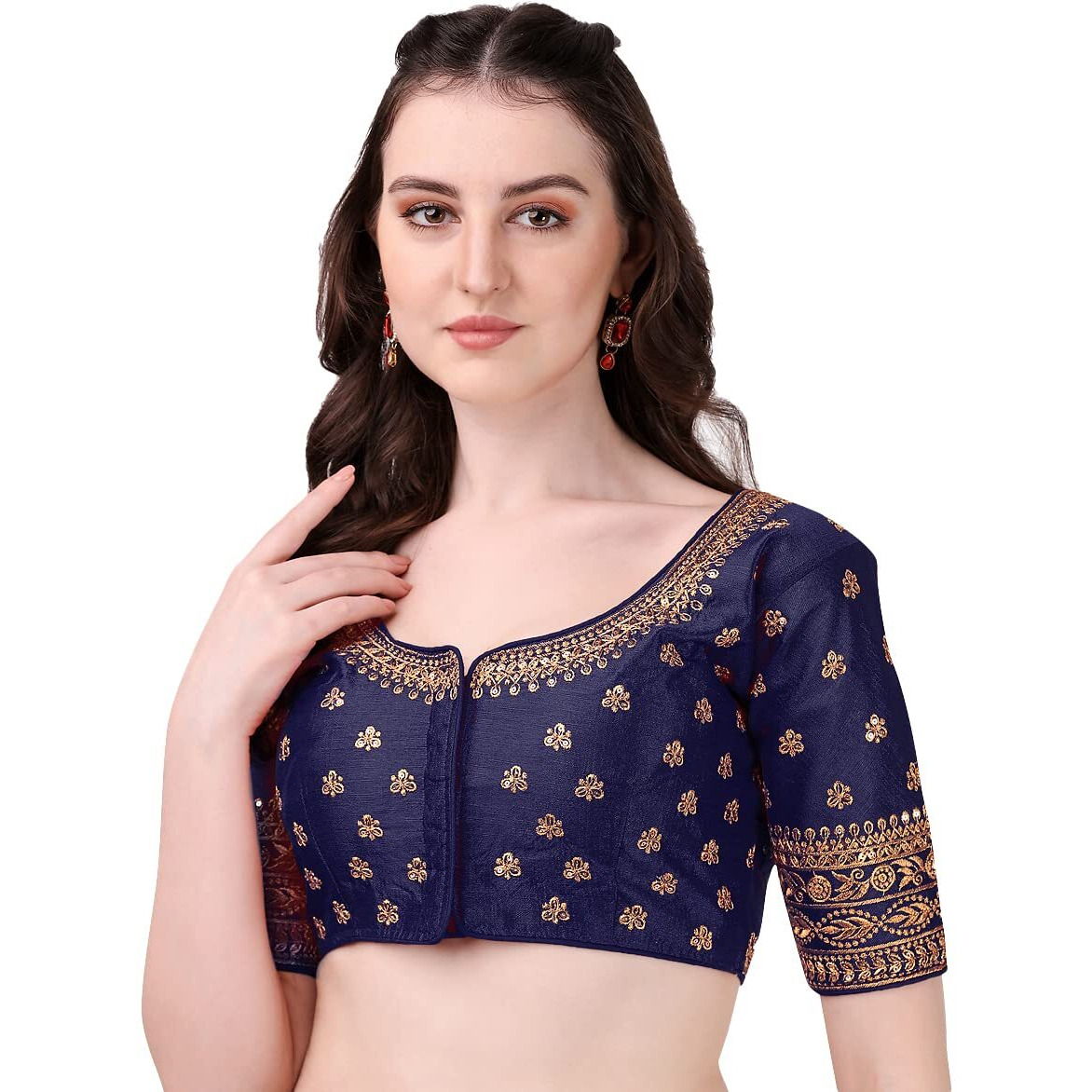 Pujia Mills Women's Silk Embroidery Coding Multi Work Readymade Saree Blouse (Bundi Navy Blue_38)
