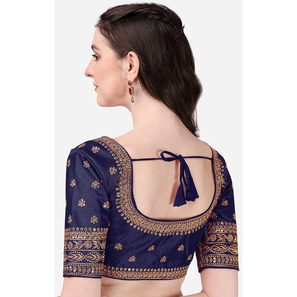 Pujia Mills Women's Silk Embroidery Coding Multi Work Readymade Saree Blouse (Bundi Navy Blue_38)