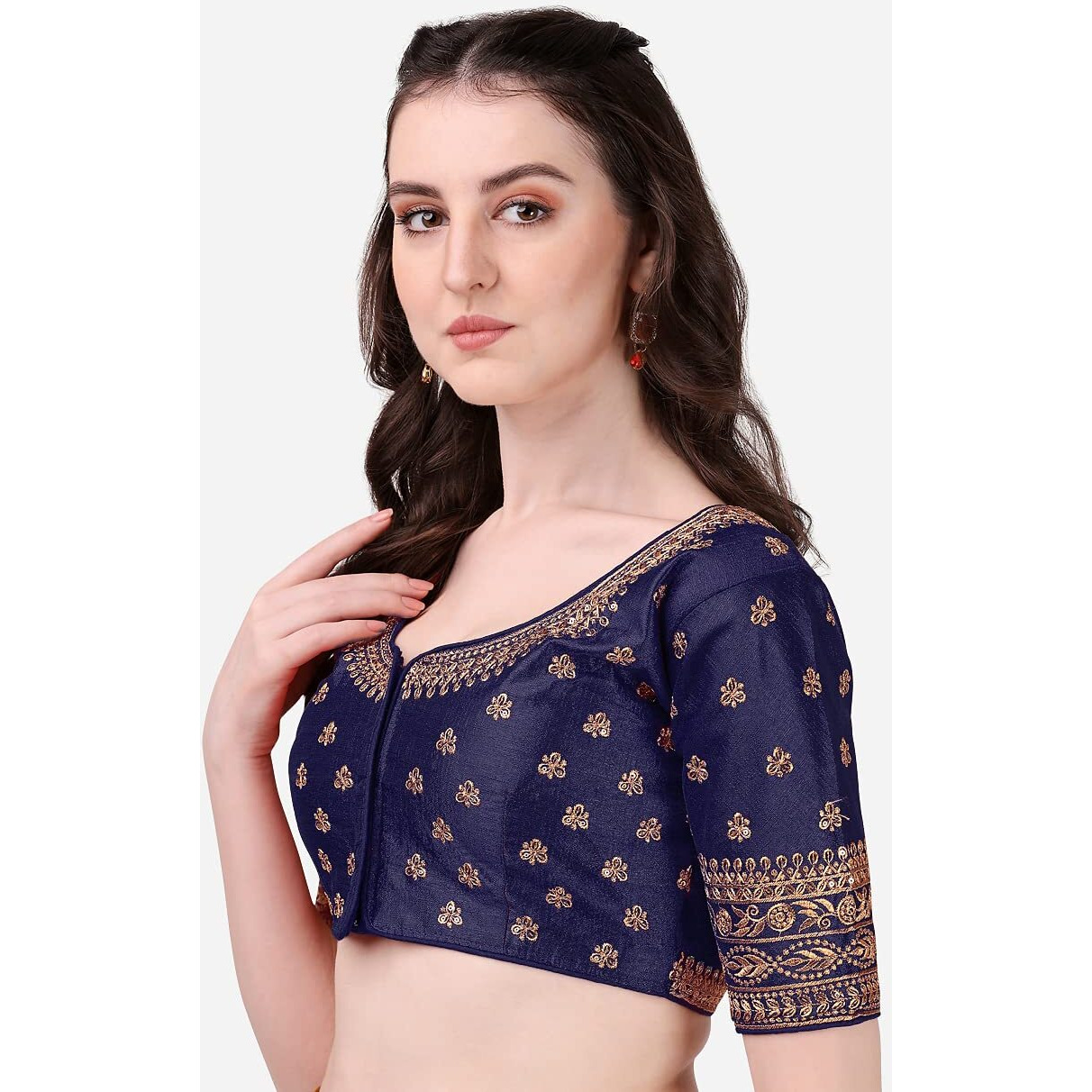 Pujia Mills Women's Silk Embroidery Coding Multi Work Readymade Saree Blouse (Bundi Navy Blue_38)