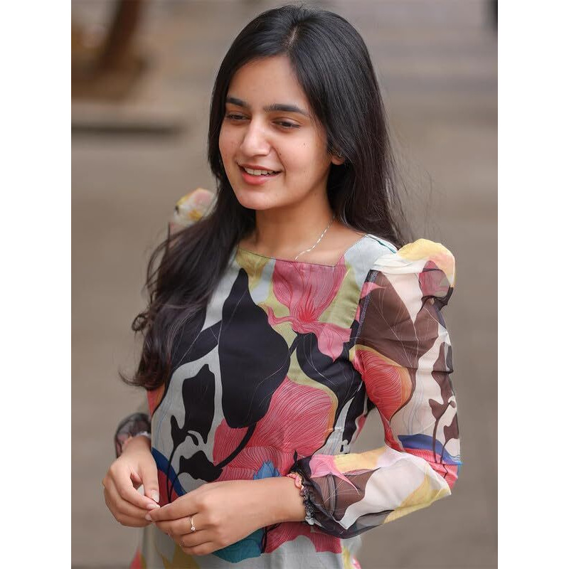 24 Carat Suit Women's Organza Straight Printed Collage Collage Kurti (2CKT9_Black_XS)