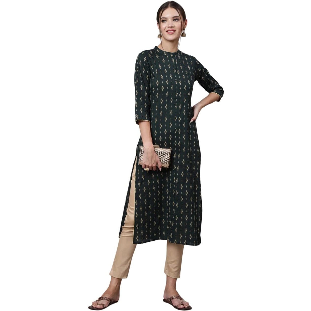 Bollyclues Women's Printed Crepe Straight Printed Kurti(BC-Butti) Black