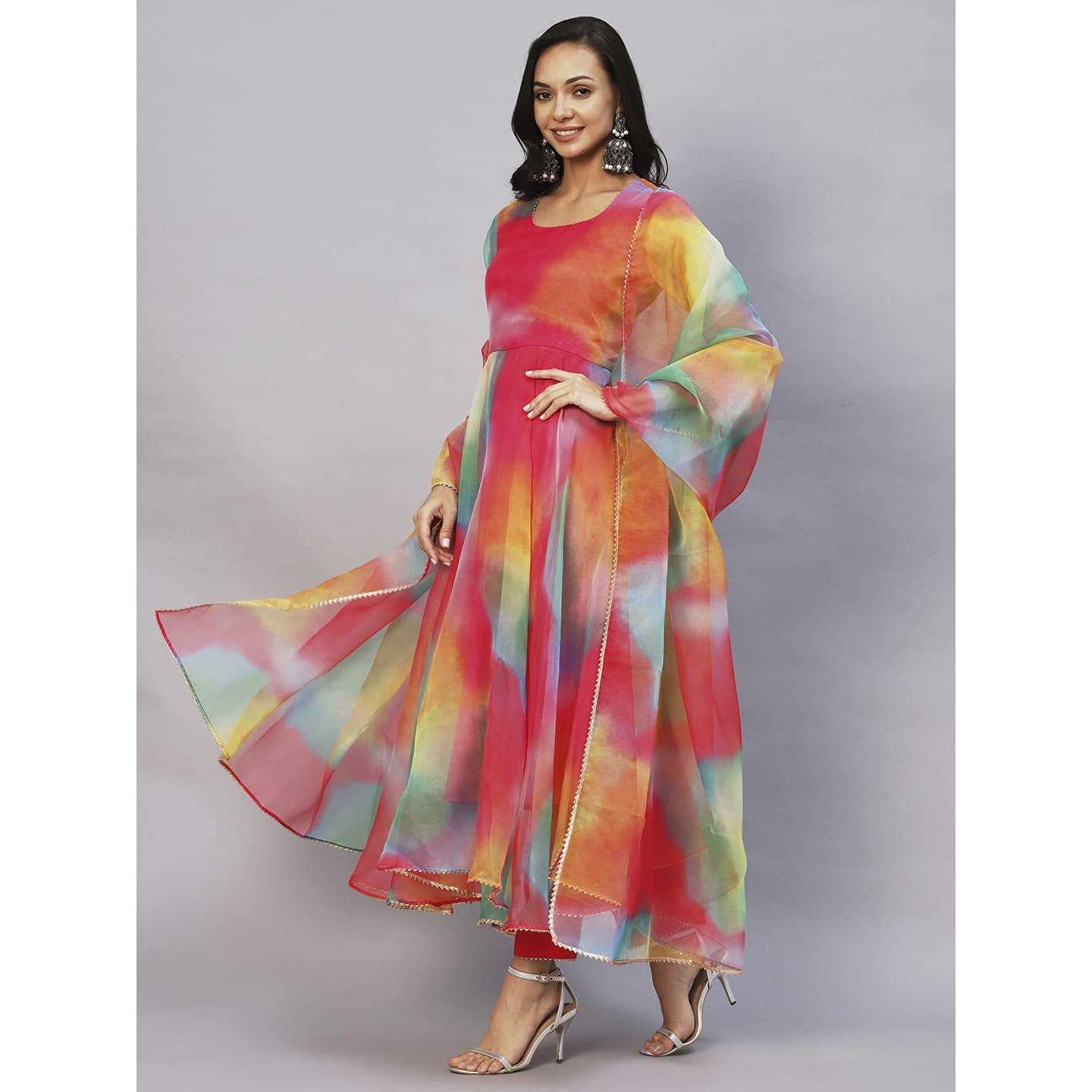 GoSriKi Women's Organza Anarkali Floral Printed Kurta with Pant & Dupatta (Chakrika-Multi-GS_L_Multi_Large) Multicolour
