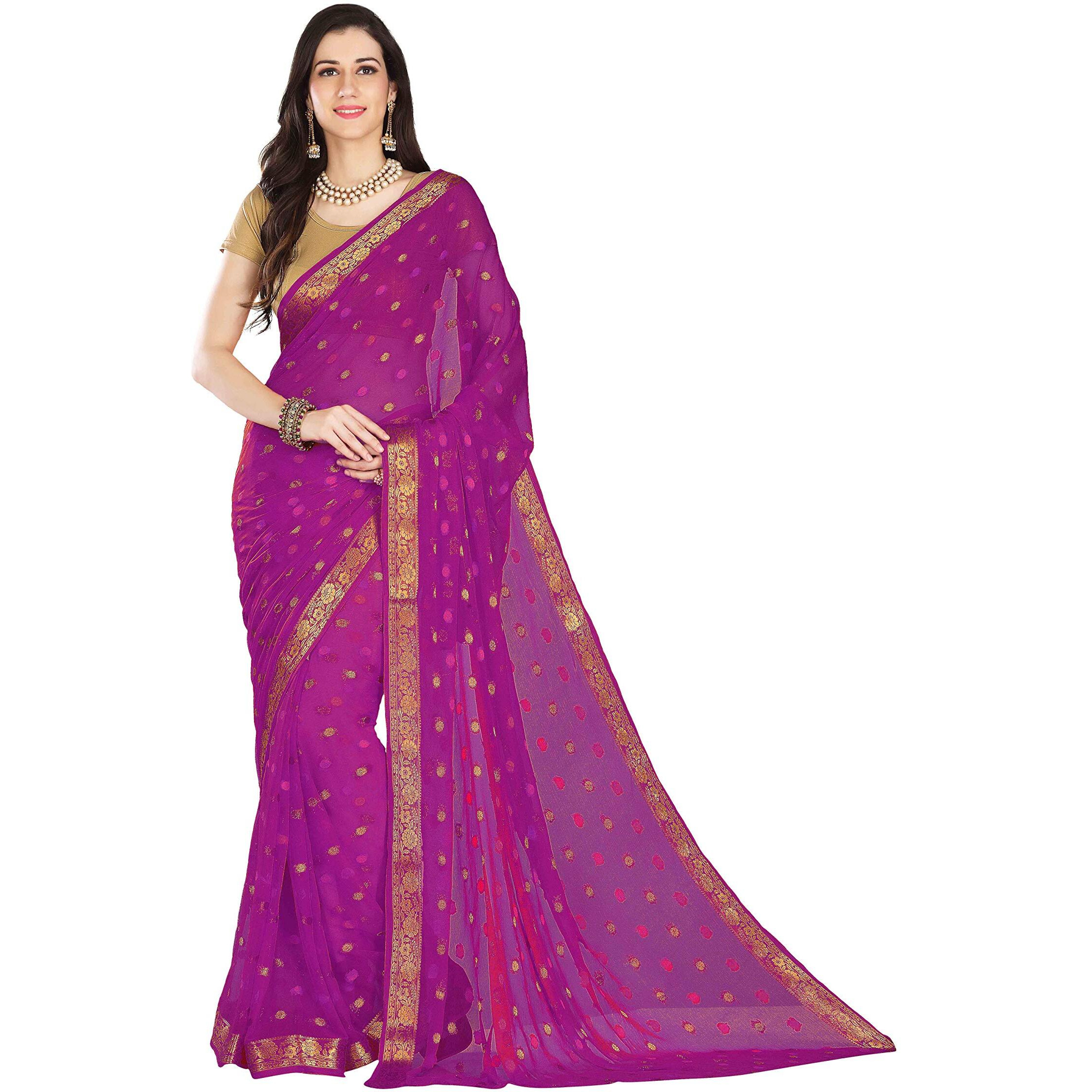 RANI SAAHIBA Women's Chiffon Zari Woven Saree With Blouse Piece (SKR5782_Magenta)
