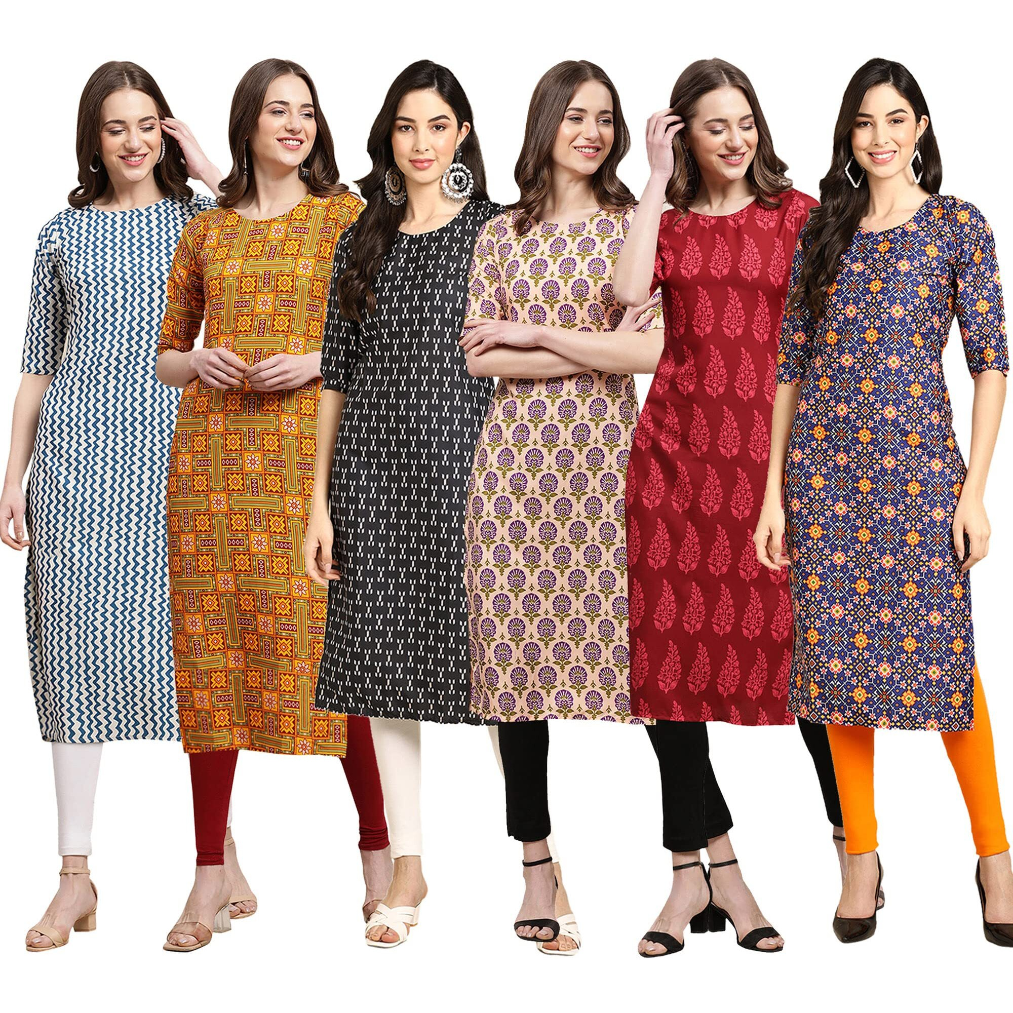 Pinkmint Women's Crepe Digital Print Straight Kurta Pack of 6 [CR-331-333-362-332-337-369-XXL]