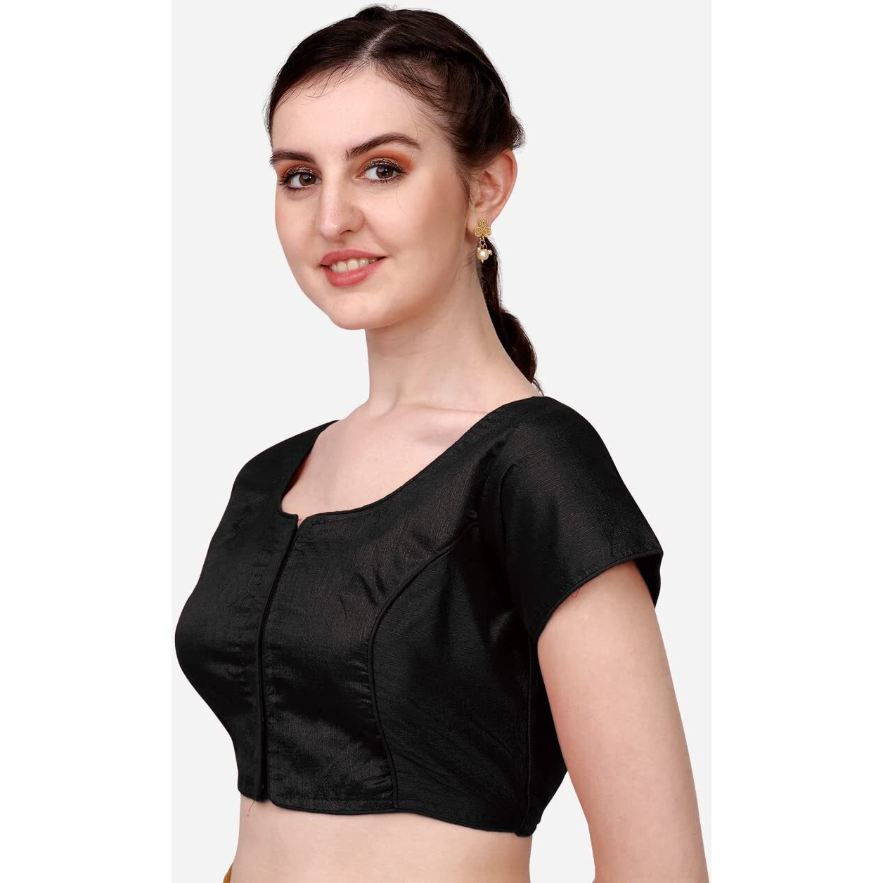 Pujia Mills Women's Silk Solid Short Sleeve Blouse (kajal 3 Blouse_Black_38)