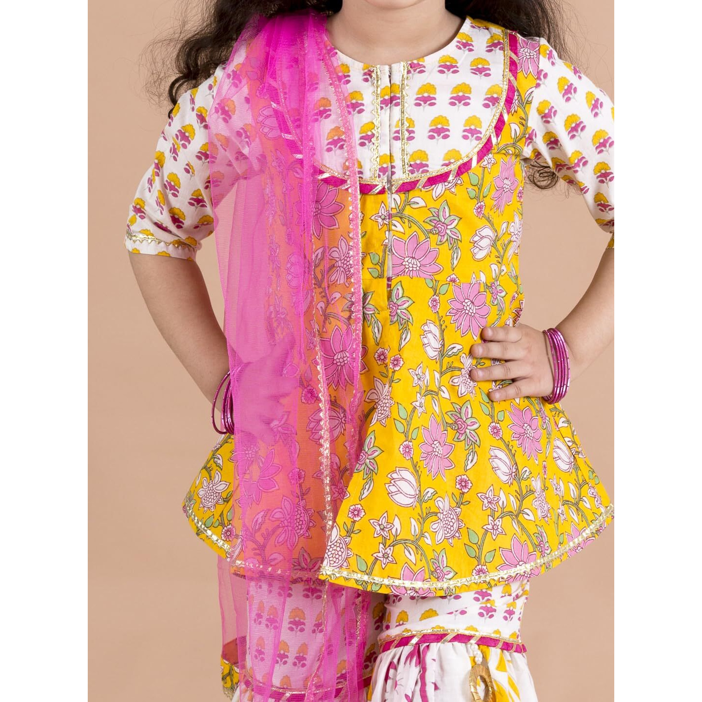 Pspeaches Girls Yellow Floral Printed Pure Cotton Kurti With Sharara With Dupatta (Yellow-12-14Y)