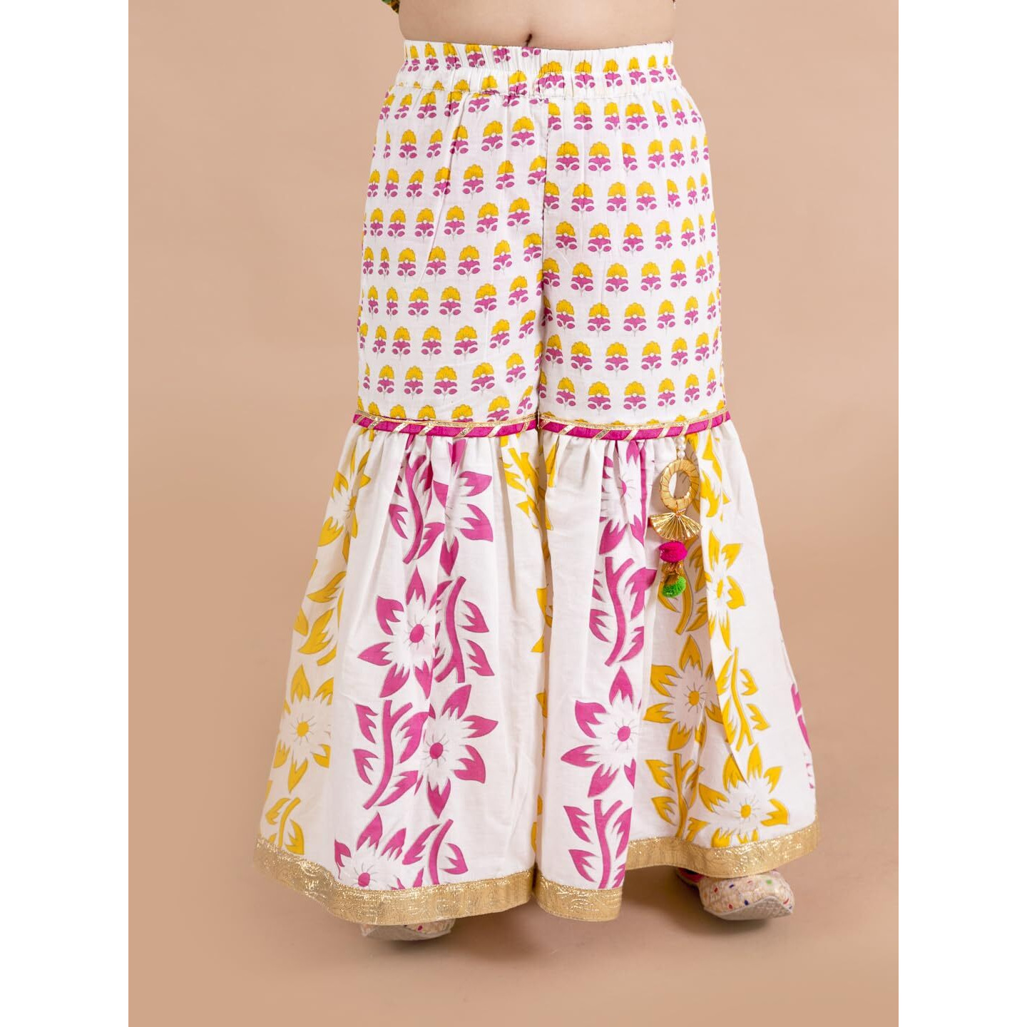 Pspeaches Girls Yellow Floral Printed Pure Cotton Kurti With Sharara With Dupatta (Yellow-12-14Y)