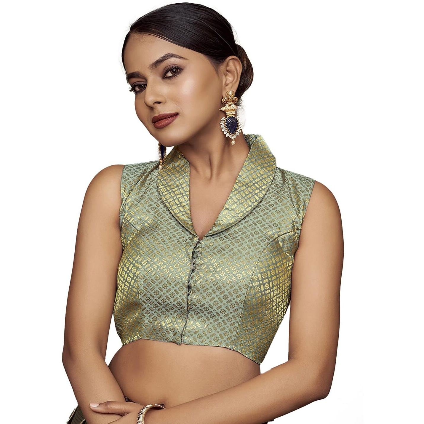 Vardha Women's Brocade Sleeveless Padded Saree Blouse for Women with Collar Neck (Orange)