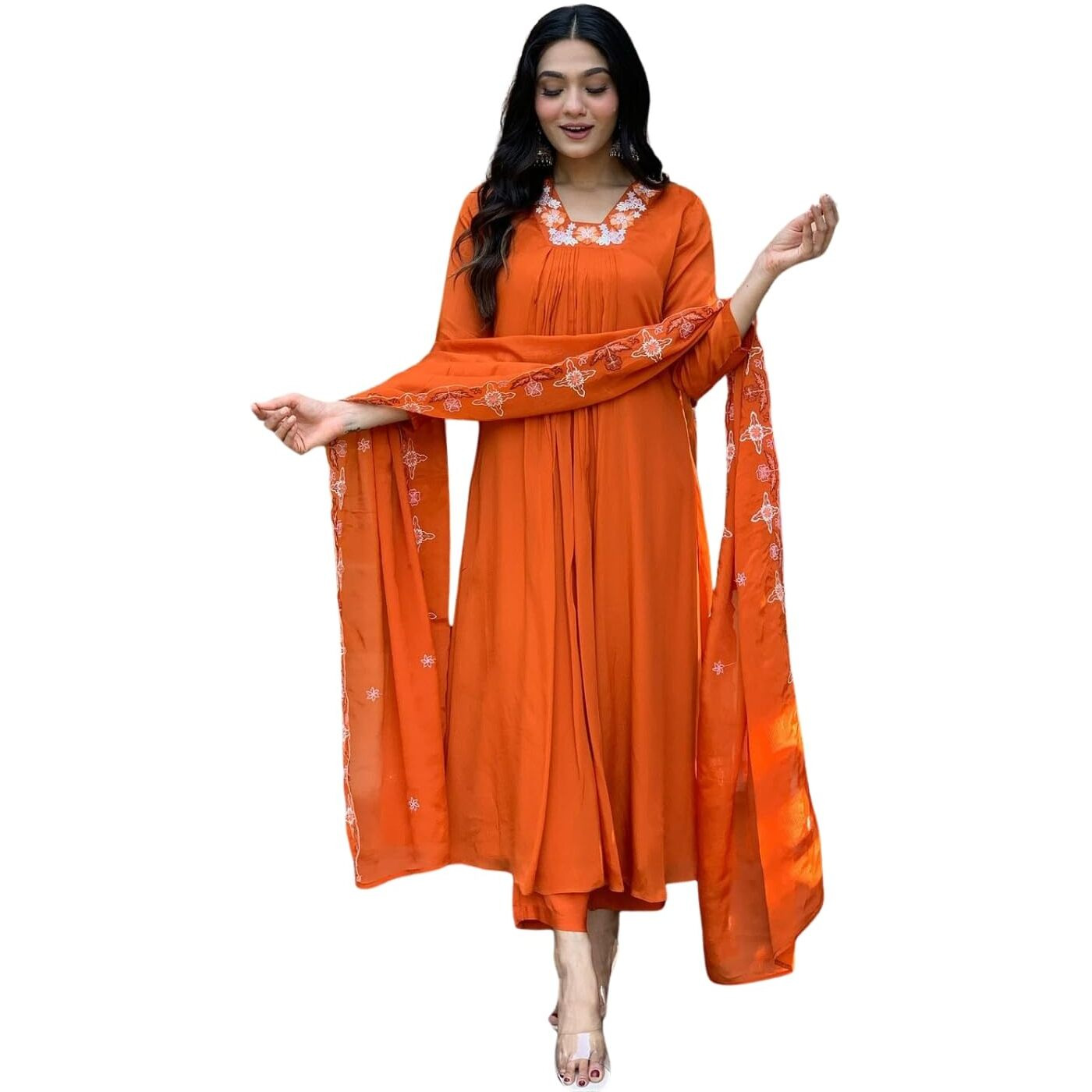 Naixa Women's Orange Silk Chiffon Embroidered Flared Kurta with Rayon Pant and Poly Chiffon Embroidered Dupatta Sets (NX-604-Orange-XL)