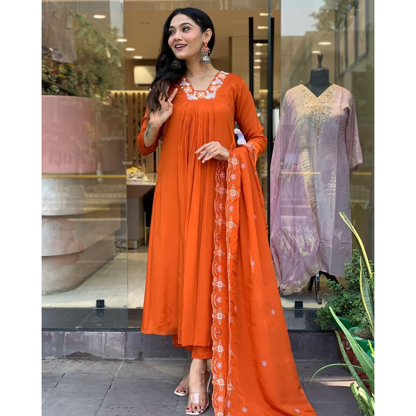 Naixa Women's Orange Silk Chiffon Embroidered Flared Kurta with Rayon Pant and Poly Chiffon Embroidered Dupatta Sets (NX-604-Orange-XL)